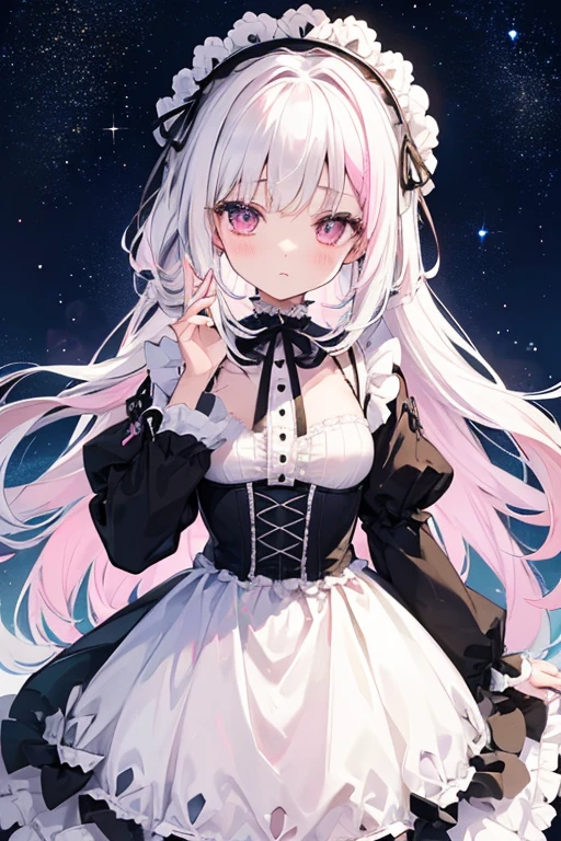 Her hair is white and in twin buns.。Eye color is pink。skin color is very white。She is wearing a white dress and knee-high socks with lots of white frills.。The skirt is a white miniskirt with lots of frills and ribbons.。The shoes are white 10cm platform loafers。Overall it has a gothic lolita feel.。The background is a beautiful starry sky on a city rooftop.。