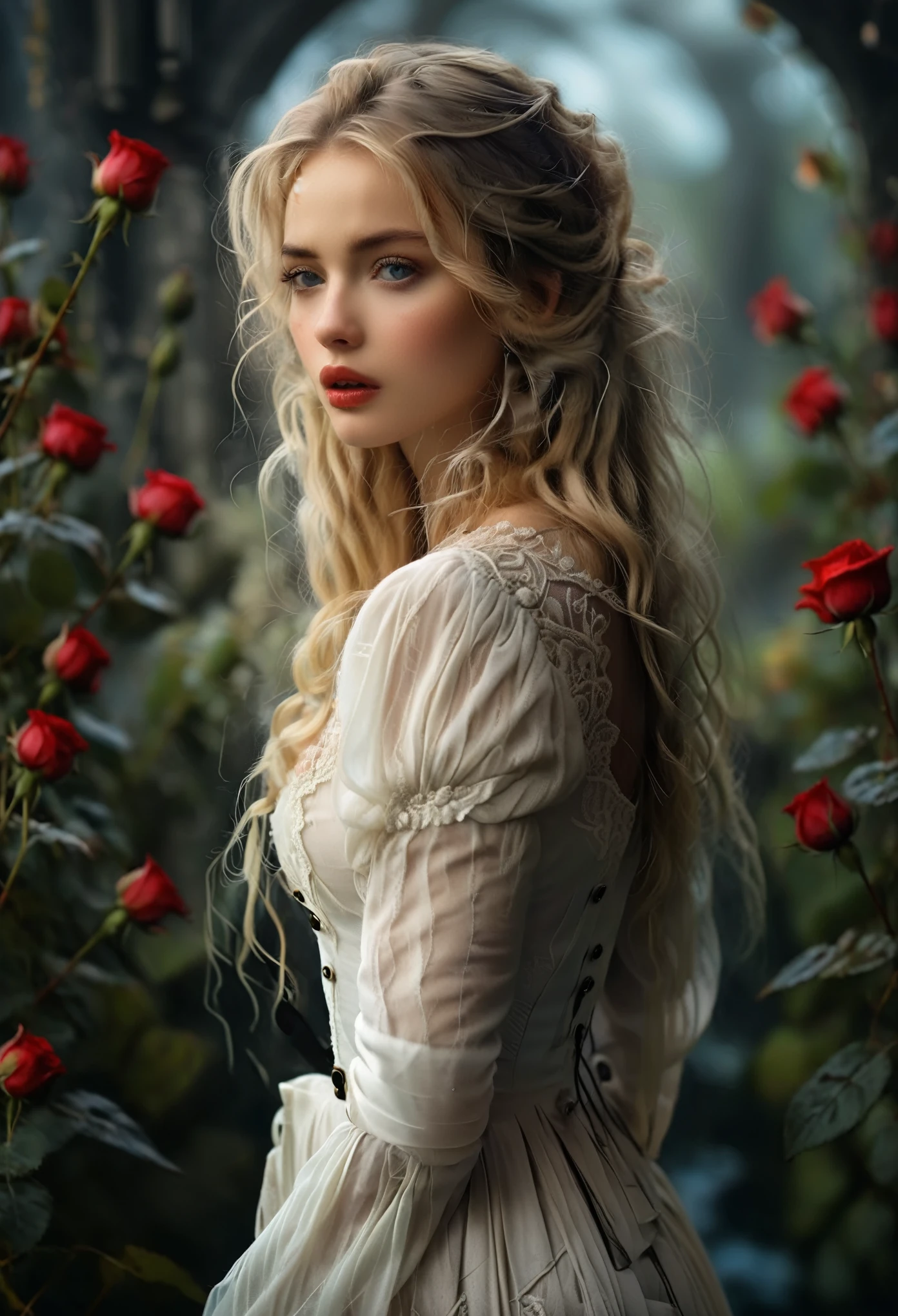 (masterpiece, best quality:1.2), bellissima, 1girl, A beautiful young woman with long, blonde hair stands in a surreal and misty atmosphere. She wears a white lace dress that appears to be blown by an invisible wind. Her face is sad and melancholic, with tears welling up in her eyes. In her hand, she holds a red rose, which seems to be the only splash of color in this otherwise monochromatic scene. The woman's features are delicate and refined, with high cheekbones and full lips. Her eyes are a deep shade of blue, almost indigo, and seem to hold a world of sorrow within them. Her skin is pale and translucent, as if she has been crying for days. The atmosphere around her is misty and dreamlike, with tendrils of fog curling