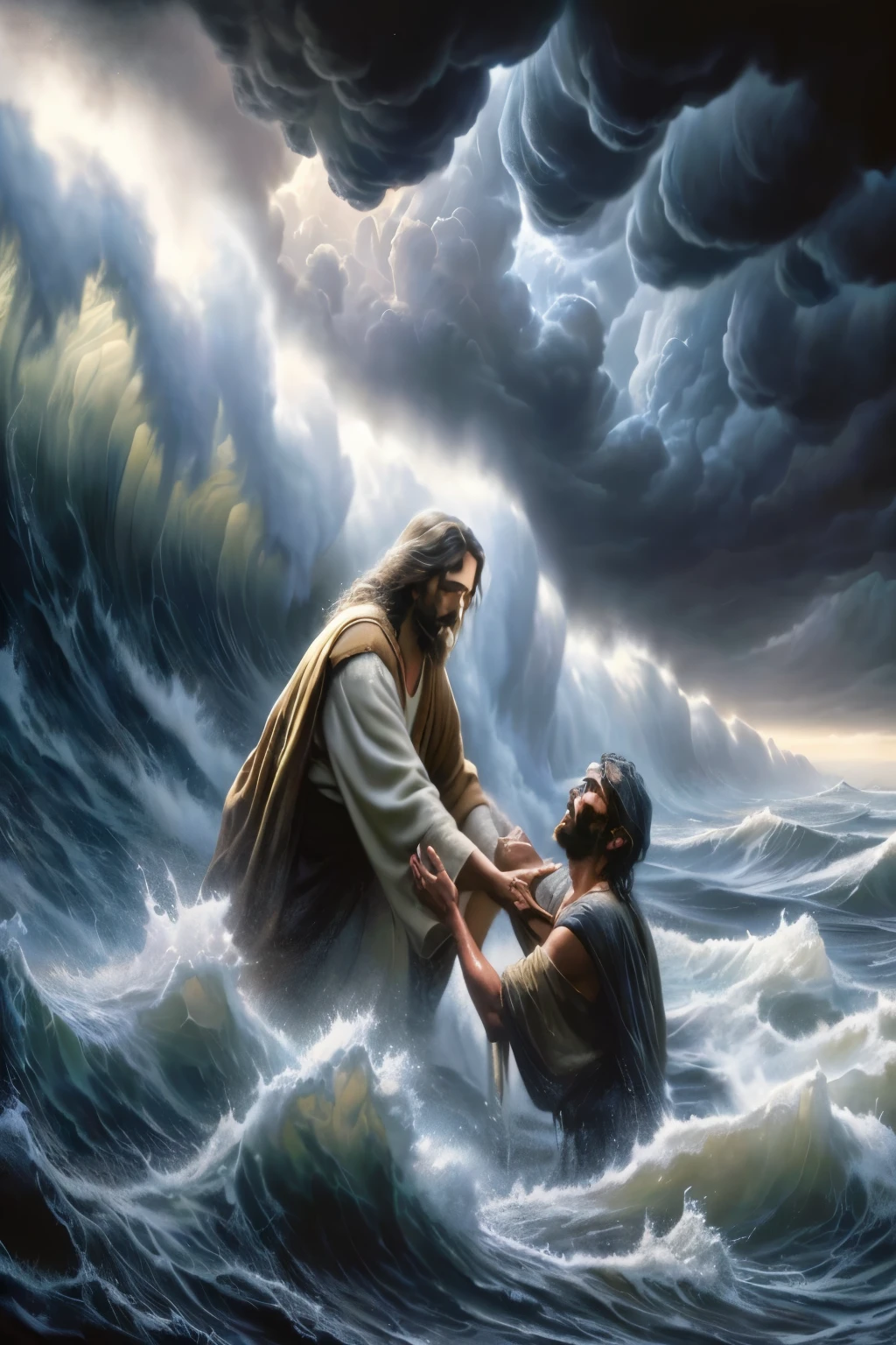 Jesus is helping a man in the water, Jesus walking on water, 史诗般的Bible描述, bible illustrations, The sea and the storm are behind him, author：Mort Kunstler, Antonio Ciseri, author：F. Scott Hess, author：James Lyman, you are wrong and rob gonsalves, author：Scott Gustafson, Bible, you are wrong, Jesus