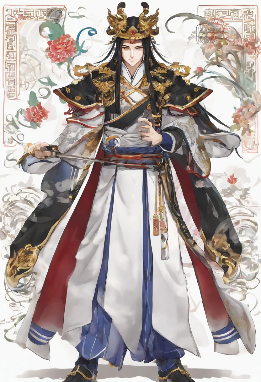Ancient Chinese man in armor、Clever man、Looking into the camera、His hair is in a bun、Only one topknot、Black Hair、Stand and pose、Pixel art、(masterpiece, highest quality, highest quality), pixel,pixel art,whole body,Characters in Romance of the Three Kingdoms、Transform、Short Deformation、The head is decorated with white embroidery......、Handsome man in trousers