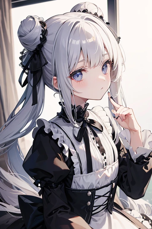 very good!The dress is pure white Gothic Lolita style.。Hair in two buns。