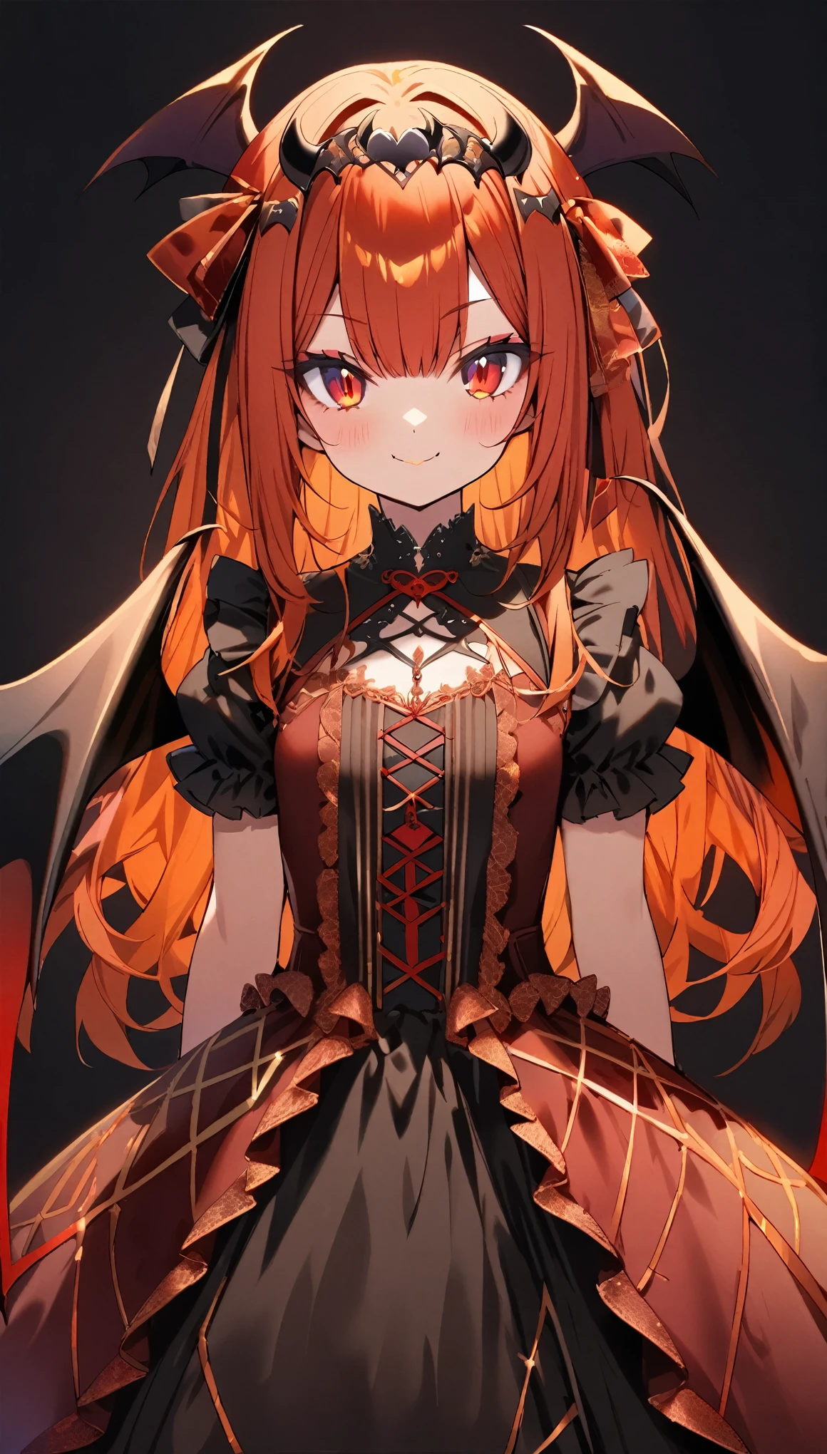 score_9, score_8_up, score_7_up, best quality ,masterpiece, 4k, Japanese anime, 1girl, (medium length hair:1.2), side tail, rainbow-colored hair, little breasts, (eye lashes:1.3), (eye shadow:1.3), red eyes, (beautiful detailed eyes:1.4), (Smile:1.1), red cheek, 130cm tall, original character, fantasy, (demon wing:1.5),(black background:1.2), beautiful fingers, (red gold lace frill Gothic dress:1.5), (black tiara:1.5) ,(head ribbon:1.5), shoot from front, looking at viewer