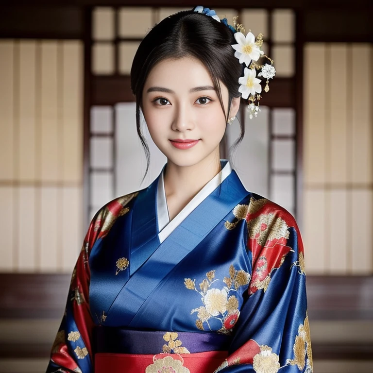 Asian woman Arav in expensive silk kimono, blue,gold color,red, ผู้หญิงอาราฟในชุดกิโมโนblueโพสท่าถ่ายรูป, palace ， a girl in Hanfu, Hanfu, สวมChinese dressโบราณ, สวมเสื้อคลุมblue, traditional chinese clothing, สวมเสื้อคลุมblue, with ancient Chinese clothes, Chinese dress, Inspired by Gu An, traditional beauty, white Hanfu, traditional clothing, ancient chinese beauty