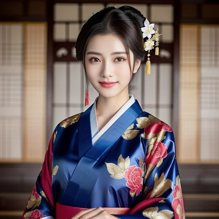 Asian woman Arav in expensive silk kimono, blue,gold color,red, ผู้หญิงอาราฟในชุดกิโมโนblueโพสท่าถ่ายรูป, palace ， a girl in Hanfu, Hanfu, สวมChinese dressโบราณ, สวมเสื้อคลุมblue, traditional chinese clothing, สวมเสื้อคลุมblue, with ancient Chinese clothes, Chinese dress, Inspired by Gu An, traditional beauty, white Hanfu, traditional clothing, ancient chinese beauty