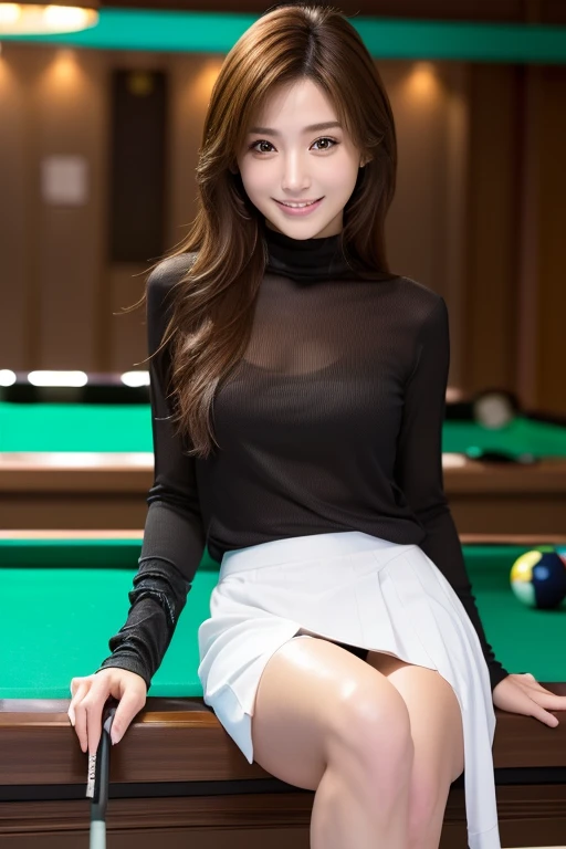 (((Pool Bar:1.5, Billiards:1.5, Long sleeves 1.4, skirt:1.5, Nine Ball:1.5))),Dynamic, cinematic photos,(Ultra Realistic, High resolution), (Highly detailed eyes, Highly detailed hair, highly Detailed face, Highly detailed plump lips，Perfect Anatomy),(highest quality:1.4), (Realistic, photo-Realistic:1.37), Professional photography, Cinematic Light, (Detailed face: 1.2), slim,(Beautiful leg lines ),(Famous Japanese actresses:1.2), RAW Photos, Highly detailed skin,very thin fingers, Highly detailed nose, Highly detailed mouth,Highly detailed background, Smile