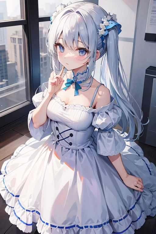 (Ultra-high resolution of the highest quality, masutepiece, Best Quality, 8K, Super Detail, Best Quality:1.3), 1 littlegirl, looks like 10 years old, smallbody, tiny body, ???, flat chest, (slender body), drooping eyes, blush cheek, long hair, silver hair, smile, blue eyes, ribbons in hair, large frilled white ballgown, underbust, tiara, blue sky, Europe castle, balcony, sitting, front view, sunshine, beautiful hair, cute face, cool, (orgasm face:1.4), (erect nipples), (clothed), (Female masturbation:1.3), (touch pussy:1.6)