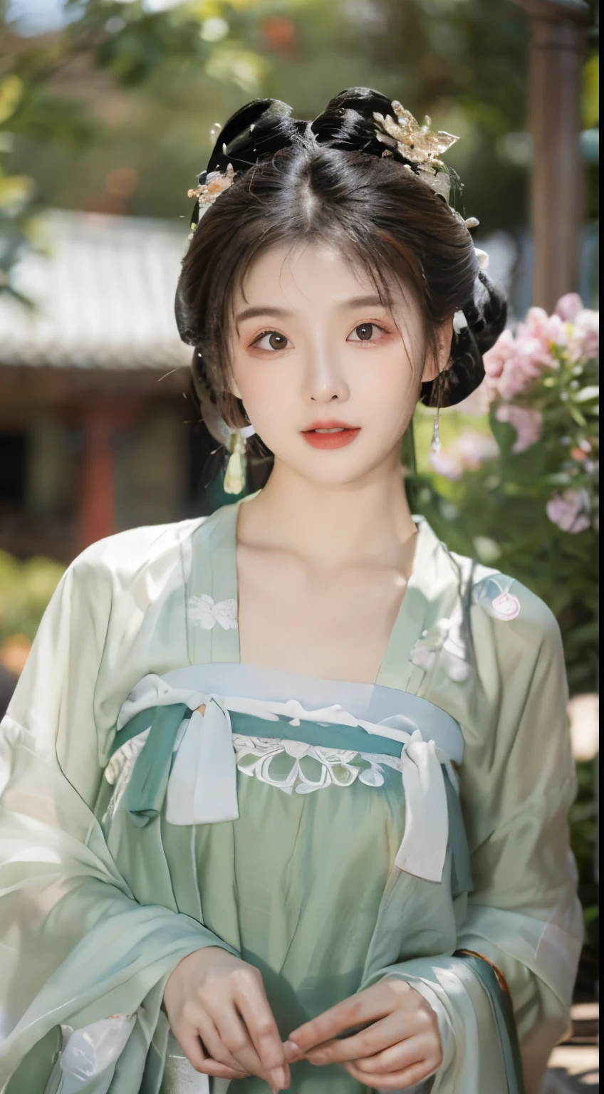 Da Tang,plump woman,Lucky Cloud Bun Headdress,Bright colors的Tang Dynasty Hanfu,silk material,Gorgeous,grace,Bright colors,fine embroidery,Tang Dynasty royal garden,The scene is,top quality,masterpiece:1.3,Ultra-high resolution,),(Super detailed,Caustic lines),(Reality:1.4,RAW Shooting,)Ultra-realistic capture,Very detailed,HD 16K,Suitable for human skin、 Natural skin texture、、Skin looks healthy and even-toned、 Use natural light and color,Natural Hands