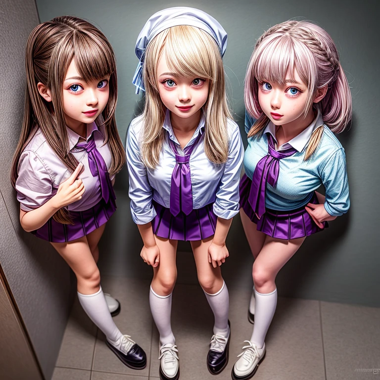 ((through wall)), SchoolGirls wearing uniforms with Thongs, Glistening ivory skin, no legwear, name plate . (Character concept art:1.4), Different types of hair colors, (((NOGIZAKA face variations)))  Extremely Detailed very KAWAII face variations, perfect anatomy, Childish, captivating gaze, elaborate detailed Eyes with (sparkling highlights:1.2), long eyelashes、Glossy RED Lips with beautiful details, Coquettish tongue, Rosy cheeks . { (Dynamic joyful expressions) | :d) }, Random eye color, (large eyes:-1) .