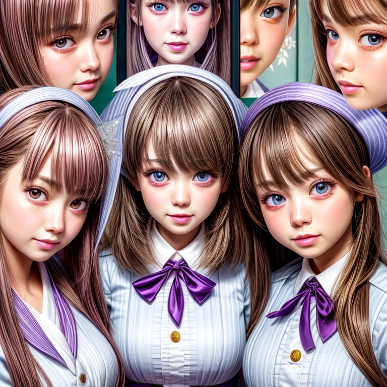 ((through wall)), SchoolGirls wearing uniforms with Thongs, Glistening ivory skin, no legwear, name plate . (Character concept art:1.4), Different types of hair colors, (((NOGIZAKA face variations)))  Extremely Detailed very KAWAII face variations, perfect anatomy, Childish, captivating gaze, elaborate detailed Eyes with (sparkling highlights:1.2), long eyelashes、Glossy RED Lips with beautiful details, Coquettish tongue, Rosy cheeks . { (Dynamic joyful expressions) | :d) }, Random eye color, (large eyes:-1) .