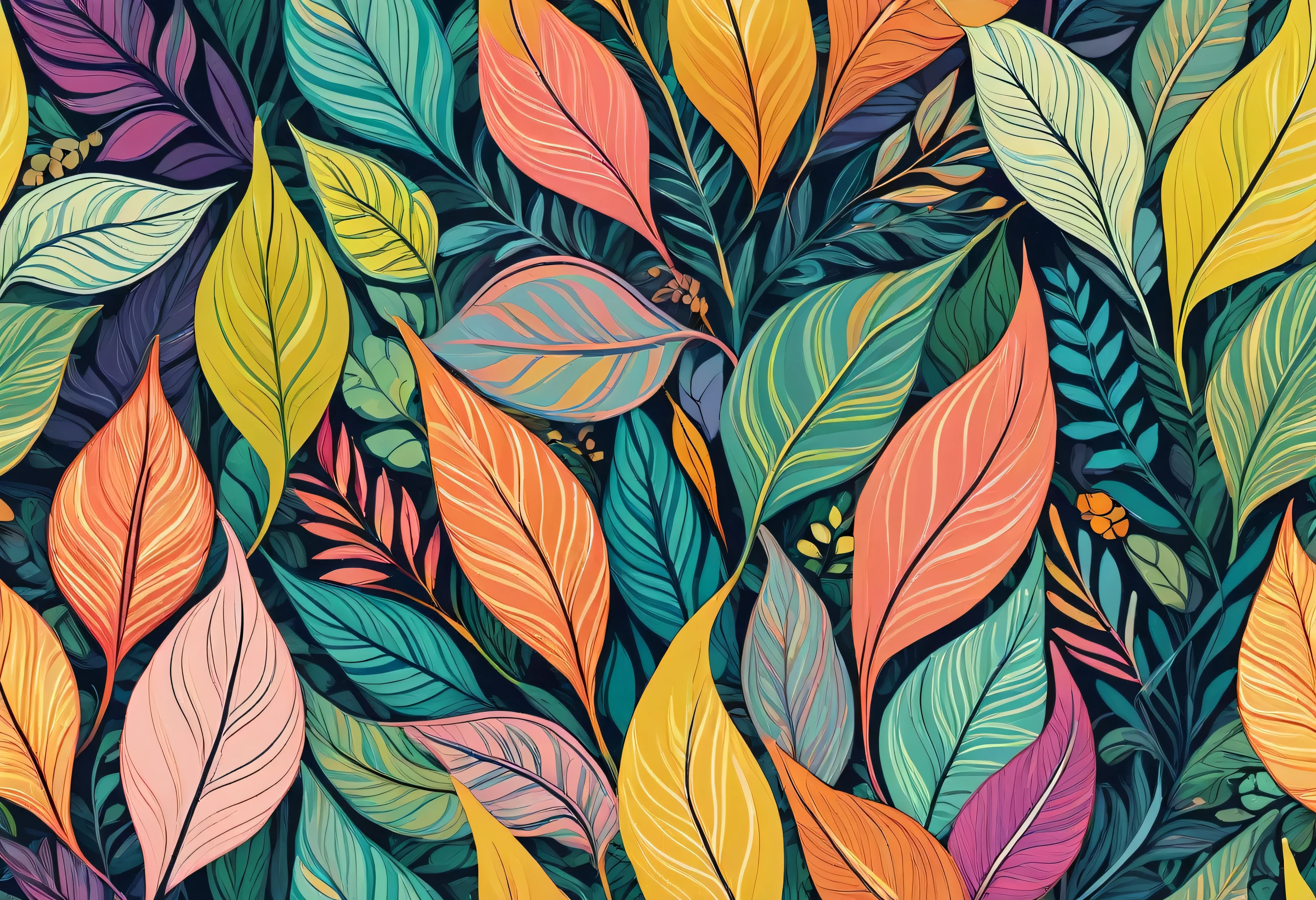 a lush,colorful abstract plant leaf pattern, intricate freehand doodle collage, organic cartoon nature shapes, vintage pastel colors, seamless repeat pattern, high resolution 8k, detailed rendering, digital art, abstract botanical illustration, fluid dynamic leaves, dynamic composition, vibrant colors, whimsical design, playful foliage, detailed textures, beautiful nature background, decorative pattern, handdrawn style, dynamic organic forms, lively composition, exquisite details, elegant leaves, intricate floral elements
