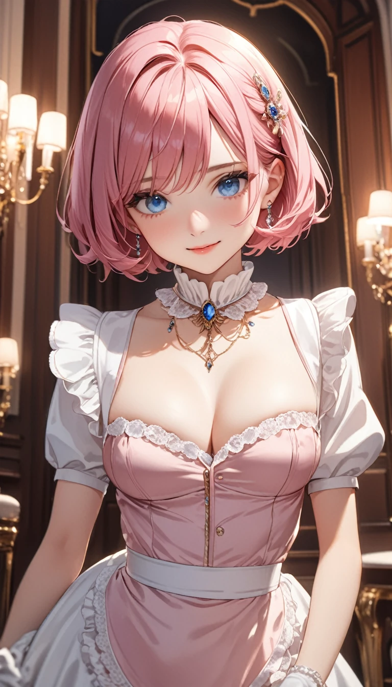 (((masterpiece))),(((High resolution)))、(((8K quality)))、(((Perfect Face)))、((Top quality eyes)), One girl、24-years-old、Best Bust、Medium chest、Beautiful Eyes、hot pink hair, very short hair、blue eyes, Victorian Maid、low angle shot, panties, blush、smile, The rich mansion、Luxurious Rooms、Luxury furniture、