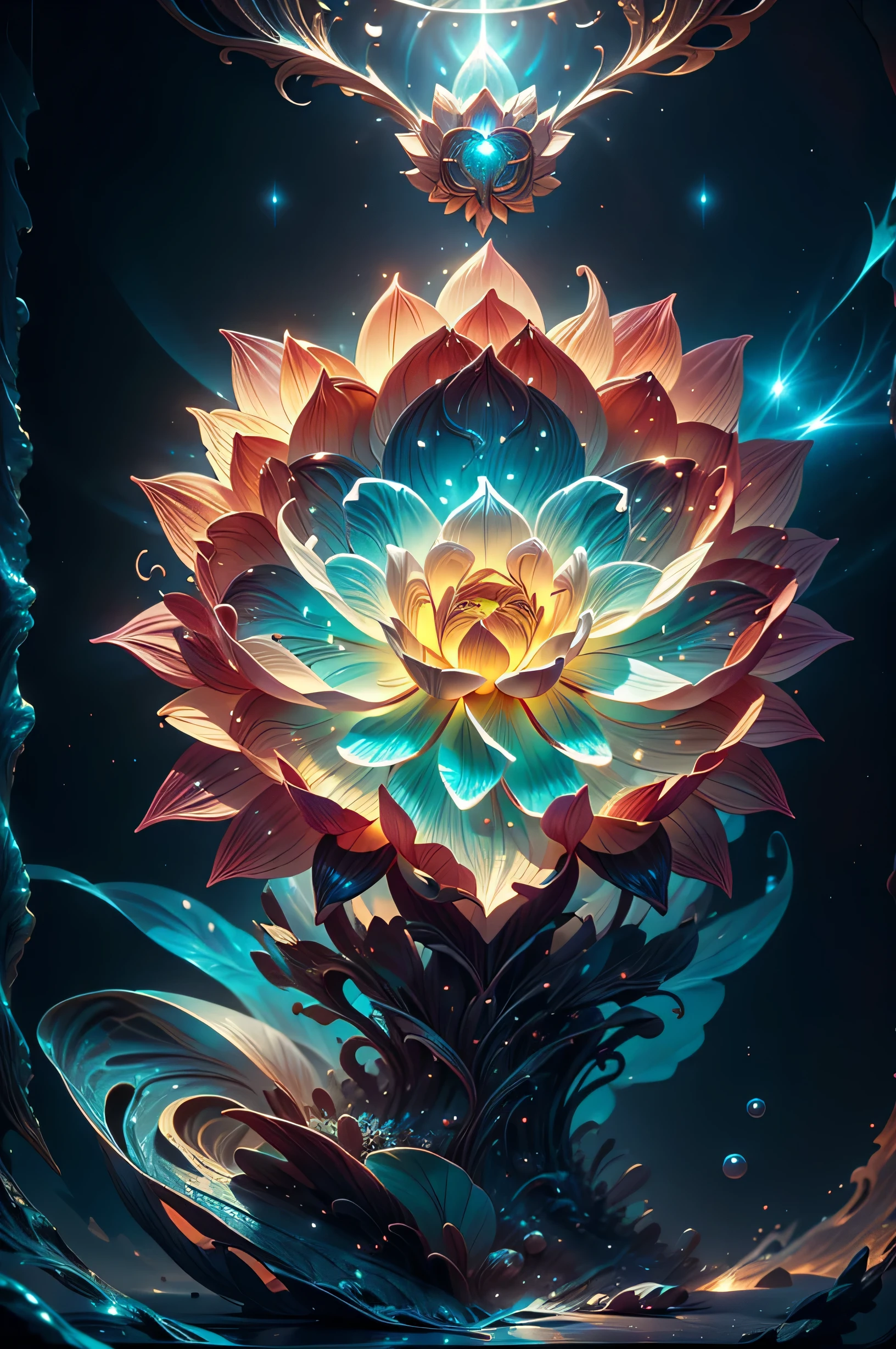 beautiful lotus flower blossoming forth from the depths of the universe, simple yet elegant design of a lotus flower, seed of life, sacred geometry, glimmering, stardust, Bioluminescence