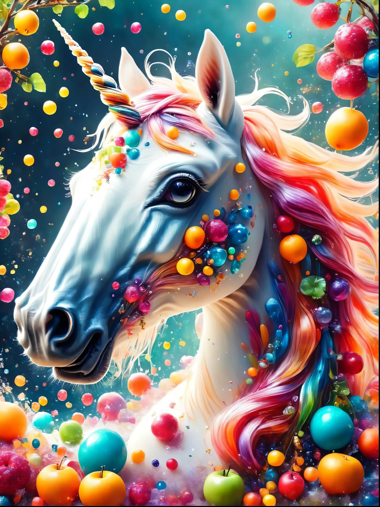 Creative and stylish unicorn,Inspired by fruit,Material: Colored Acrylic,realism,Ultra Clear Photography,HD Wallpapers,Low Depth of Field Photography,Background bokeh effect