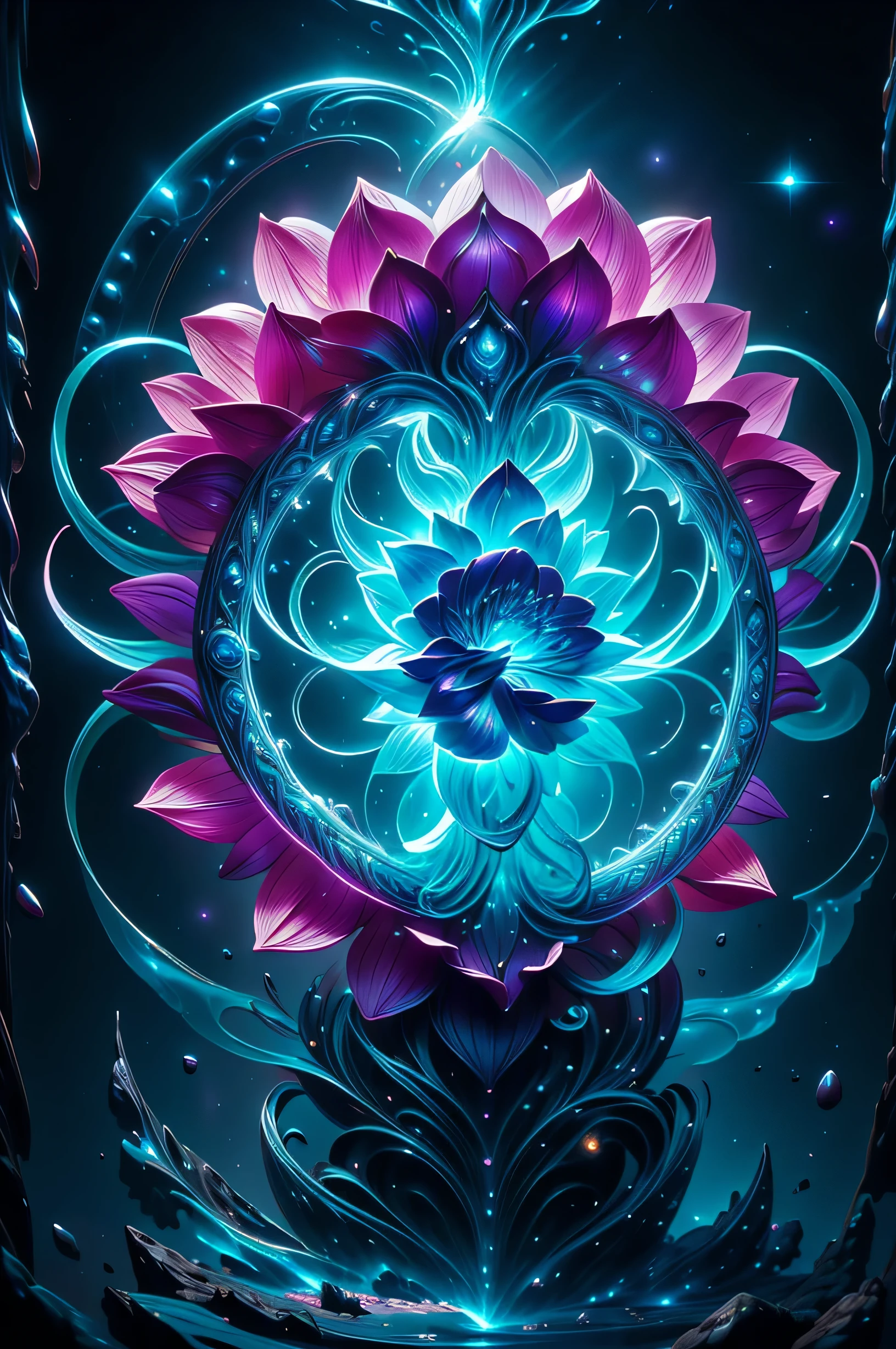 beautiful lotus flower blossoming forth from the depths of the universe, simple yet elegant design of a lotus flower, seed of life, sacred geometry, glimmering, stardust, Bioluminescence