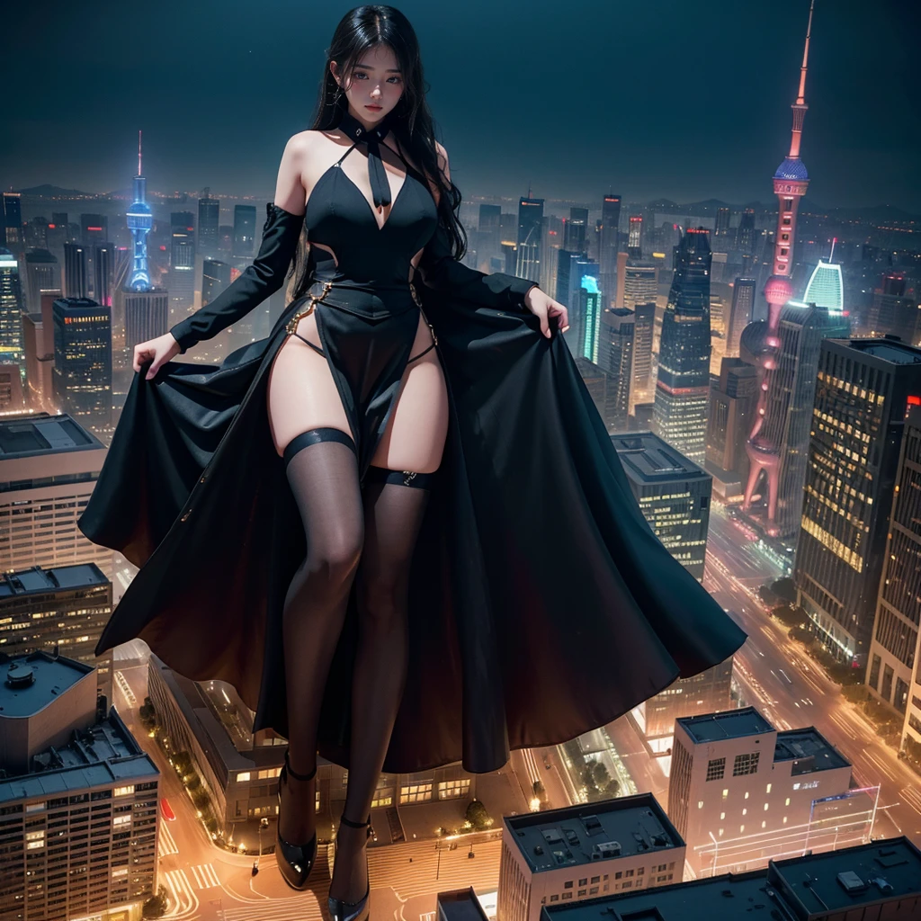 Aerial View，from above,crowds under feet,giant girl 50 feet high，Have a pair of ultra long legs,looming，a pair of huge breasts，high school student，mini skirt,black long hair，Wearing a pair of Mary Jane heels，standing in Shanghai，Beautiful appearance，Exquisite makeup，quality，8k，High quality，(governor:1.5)，Perfect proportion, Cinema lighting，film grain，Fuji colors，8k，textured skin，Super details，high detail，high quality，high resolution