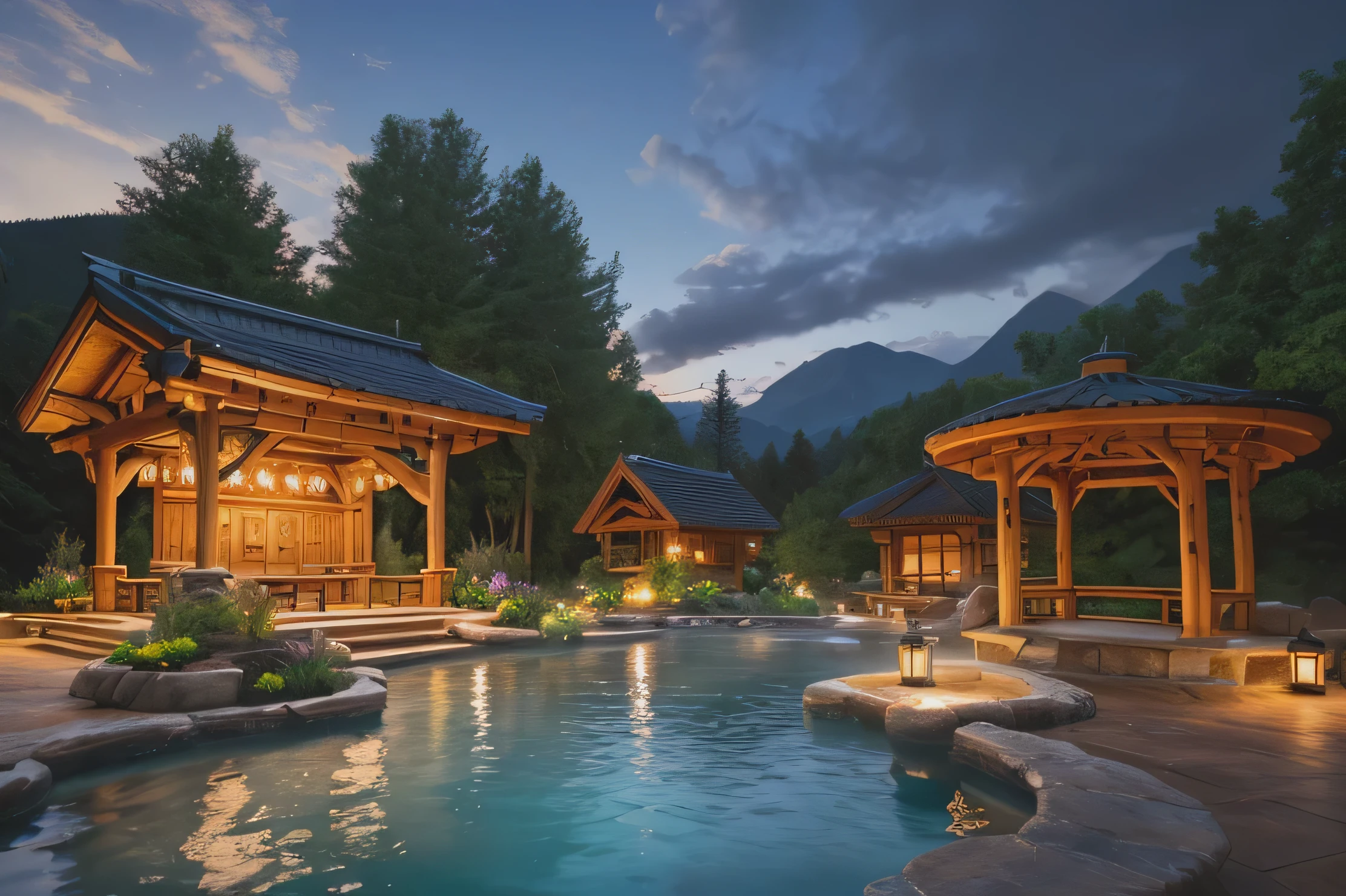 Unparalleled masterpiece, (photorealistic:1.4), best quality, beautiful lighting, warm atmosphire (hot spring), hot tubs in center, (extremely detailed 8k wallpaper), full shot landscape photo of the most beautiful artwork in the world, cloudy sky background lush landscape wooden pavilion and trees