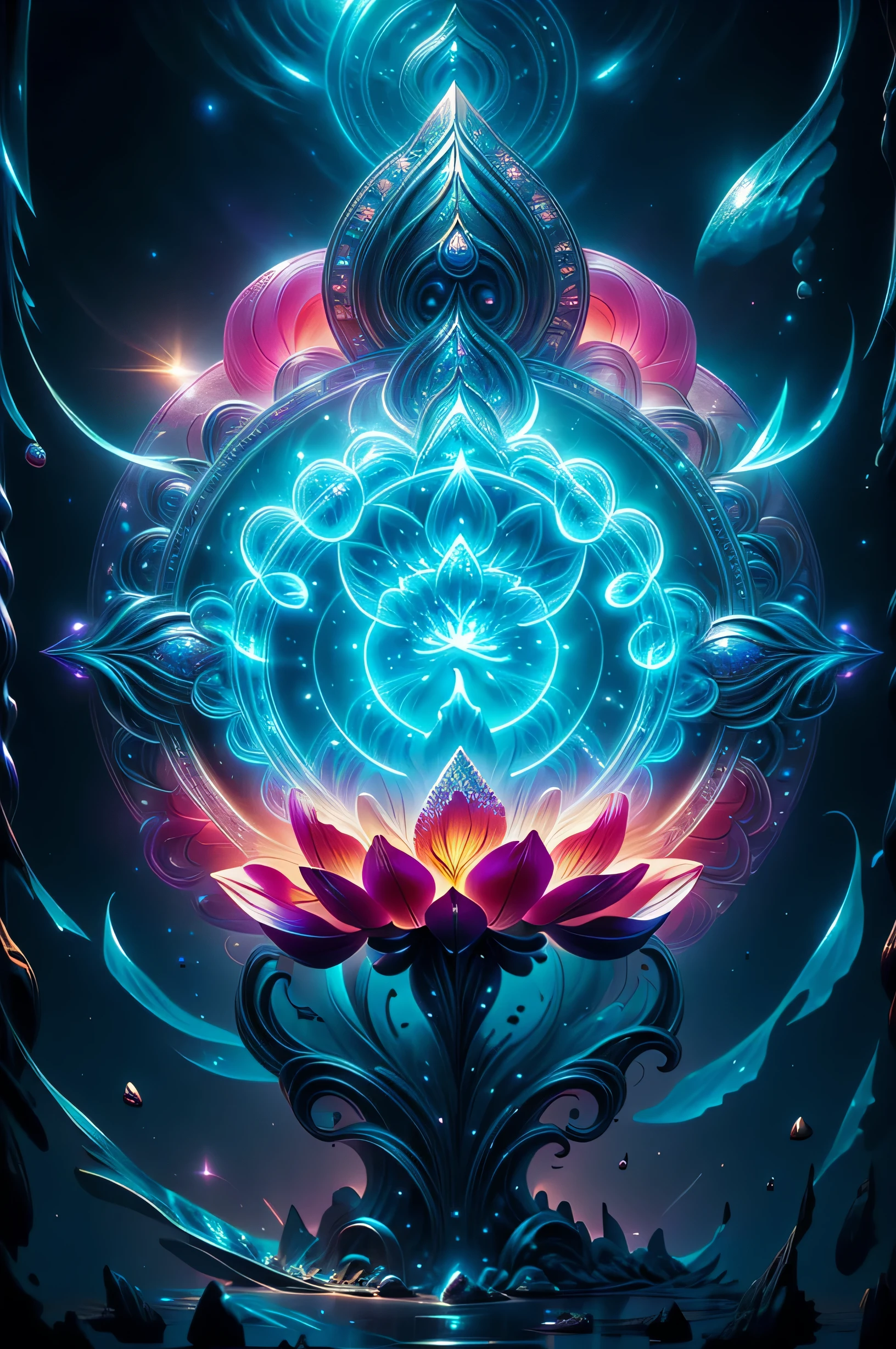 beautiful lotus flower blossoming forth from the depths of the universe, simple yet elegant design of a lotus flower, seed of life, sacred geometry, glimmering, stardust, Bioluminescence