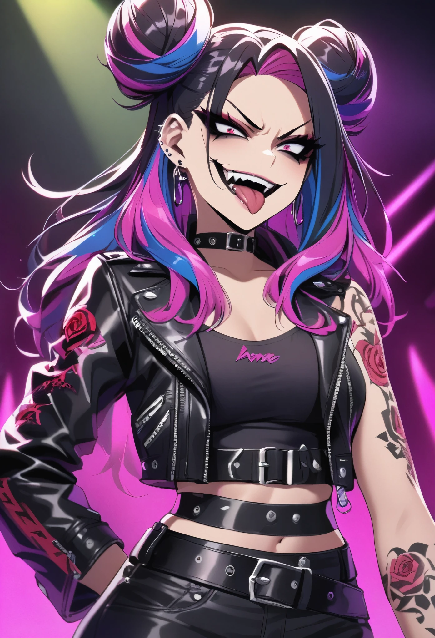 Mean girl，Half-removed leather jacket，Rose tattoo on right arm，Black eyeshadow，Tongue Stud，Earrings，multicolored hair, double bun, evil smile