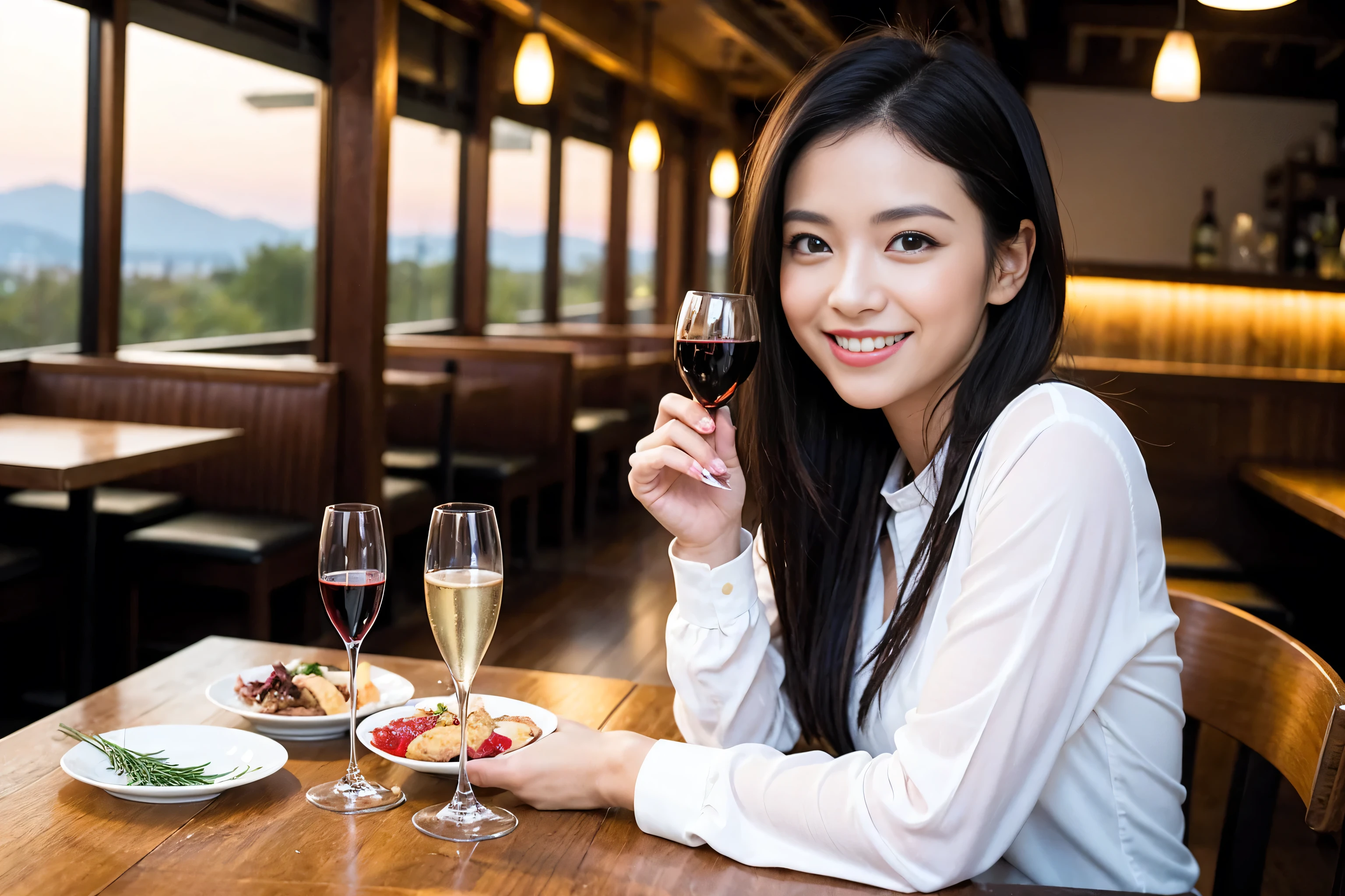 ((highest quality、8k、masterpiece:1.3))、1 male 1 female、Lovers、beautiful couple、Japanese couple、Happy Smile、 (Slim face), (The body is スリム), (Brown Hair), (Shortcuts), ((Bob Hale、Straight hair:1.2)), Wine glass on the table、Please put light on my face、 Amazing view of the sunset sky and clouds、Amazing mountain views、The wonderfulness of smiles、Bright image、Blushing, Shortcuts,Bright Face、 (42 years old), 39 years old, red wine 、Appetizers、Italian food、Wine bottle、Champagne、sparkling wine、Long sleeve shirt、dress、Attractive beauty、restaurant, Nova Frog Style, actress, model, Upper Body, White wine, red wine, wine glass, 