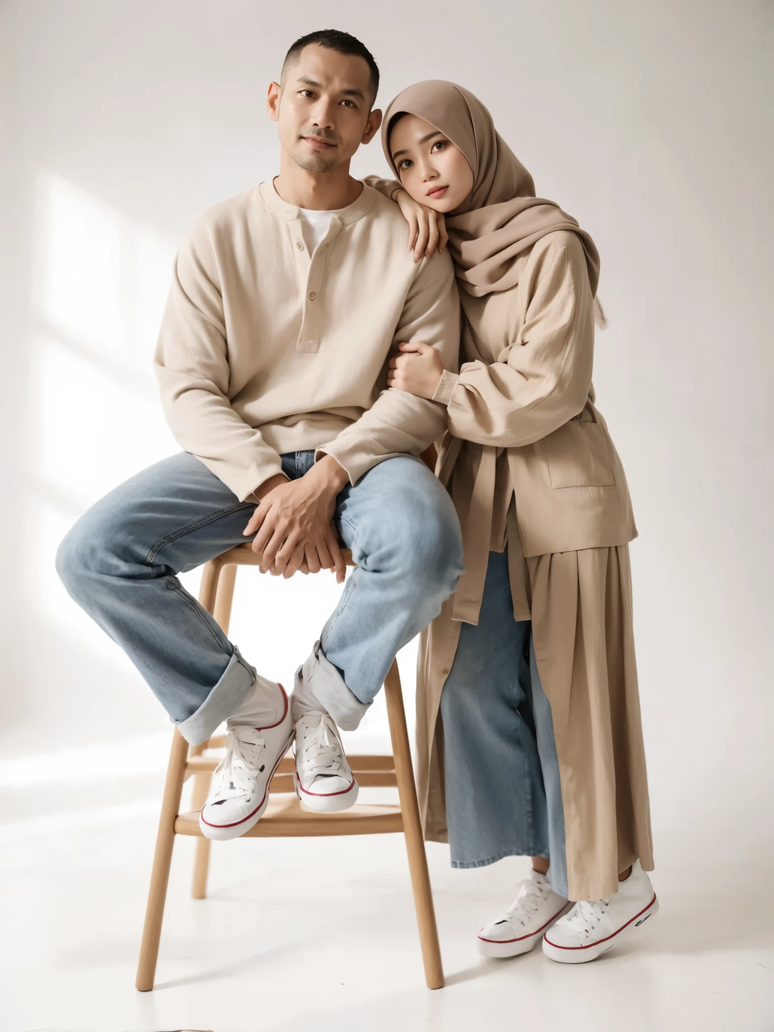 Indoor portrait, Indonesian couple, a man age 40 very short cuthair, a 40 women with hiijab, hug pose, both wearing casual crem outfits, a man is standing and woman siting on tall wood chair, backround white studio photo, minimalist decoration, fresh color, 8k resolution