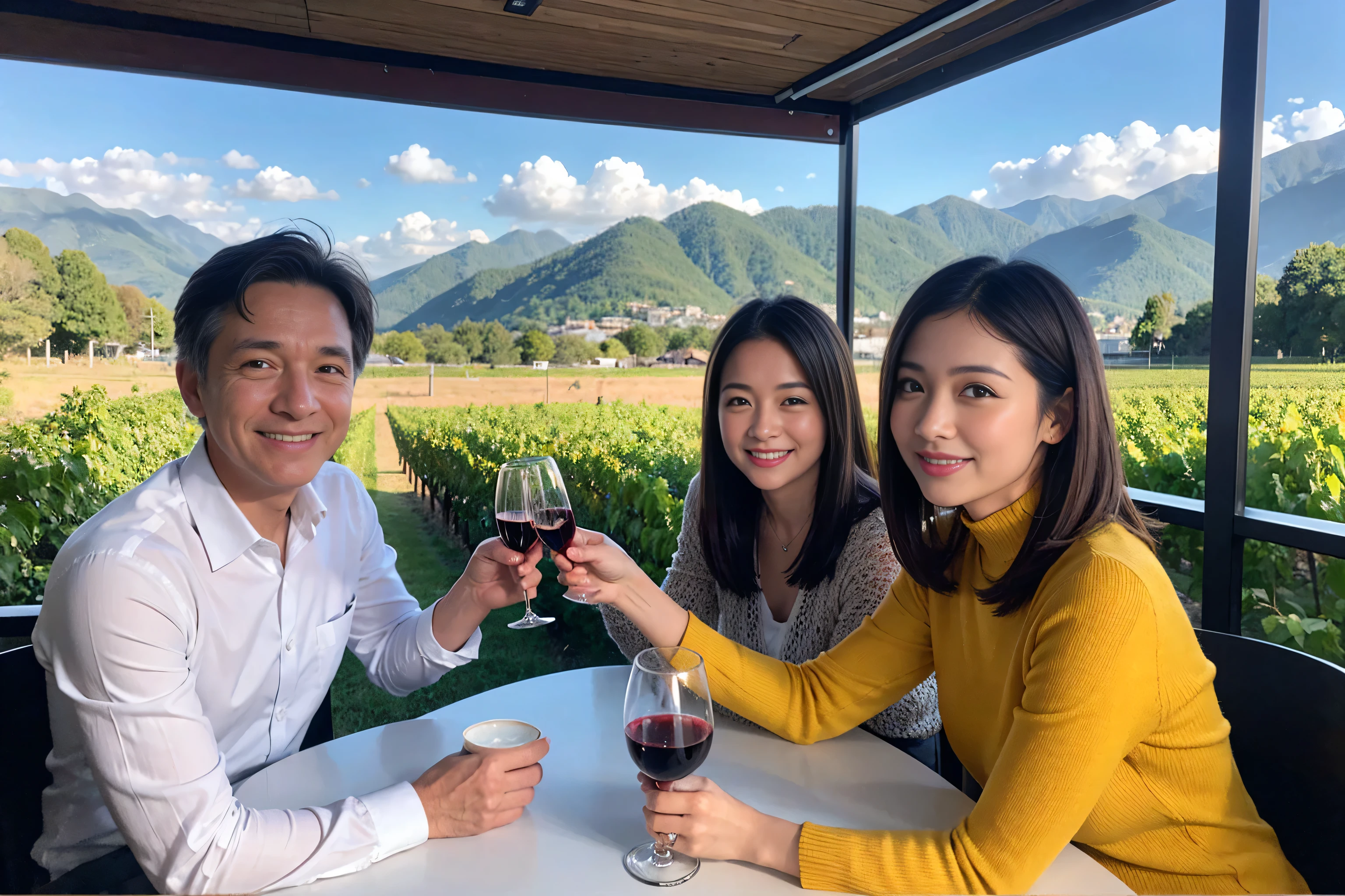 ((highest quality、8k、masterpiece:1.3))、1 male 1 female、Lovers、beautiful couple、Japanese couple、Happy Smile、 (Slim face), (The body is スリム), (Brown Hair), (Shortcuts), ((Bob Hale、Straight hair:1.2)), Wine glass on the table、Please put light on my face、 Amazing view of the sunset sky and clouds、Amazing mountain views、The wonderfulness of smiles、Bright image、Blushing, Shortcuts,Bright Face、 (42 years old), 39 years old, red wine 、Appetizers、Italian food、Wine bottle、Champagne、sparkling wine、Long sleeve shirt、dress、Attractive beauty、restaurant, Nova Frog Style, actress, model, Upper Body, White wine, red wine, wine glass,