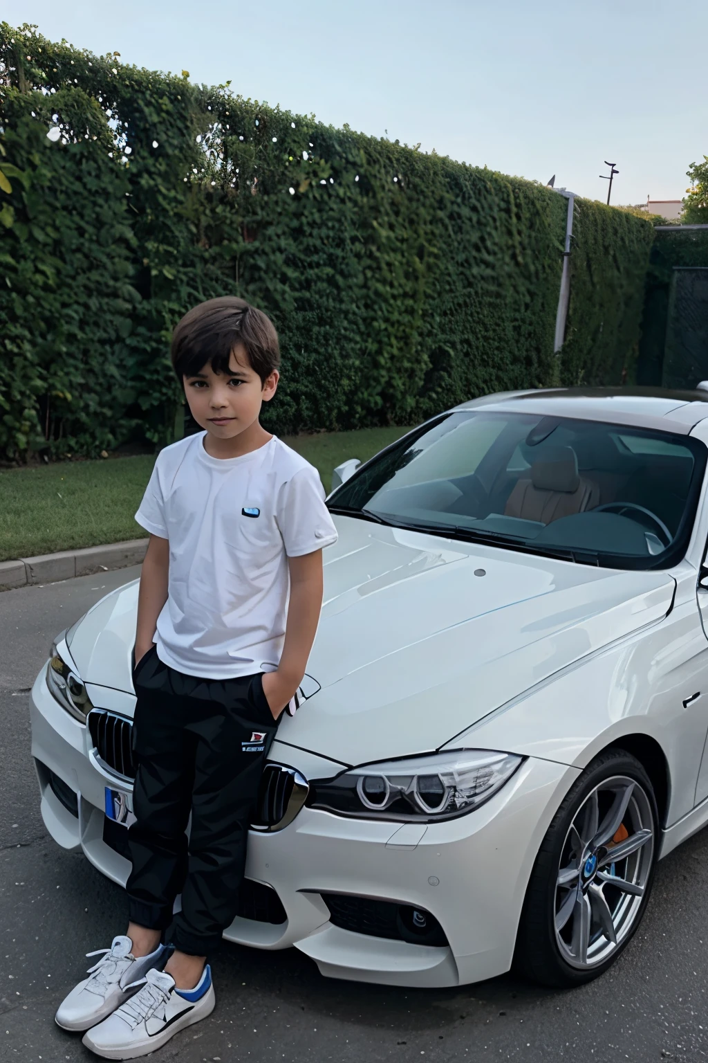 Boy next to white BMW