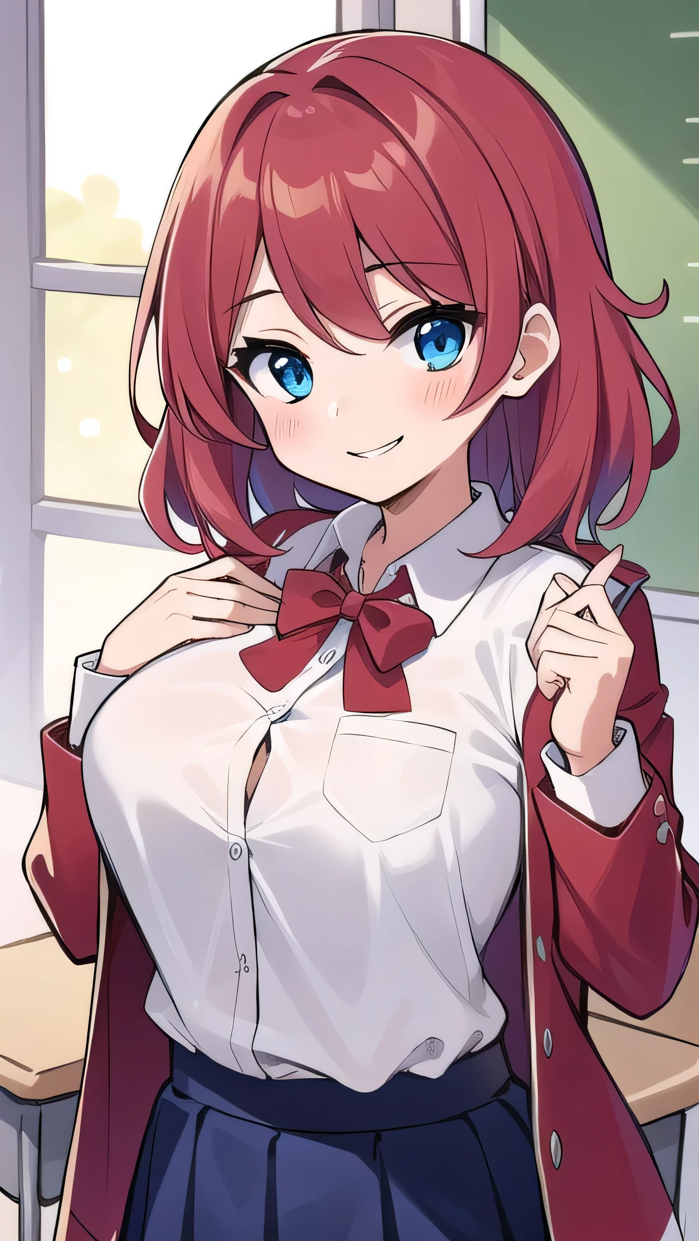 Big breasts, red hair, blue eyes, droopy eyes, red jacket, long sleeves, navy skirt, elementary school student, super big breasts, (medium hair: 1), baggy clothes, young face, short height, , old, shy Agari, smiling a little, trying to unbutton his shirt in the classroom, white shirt, soft hair,straight hair