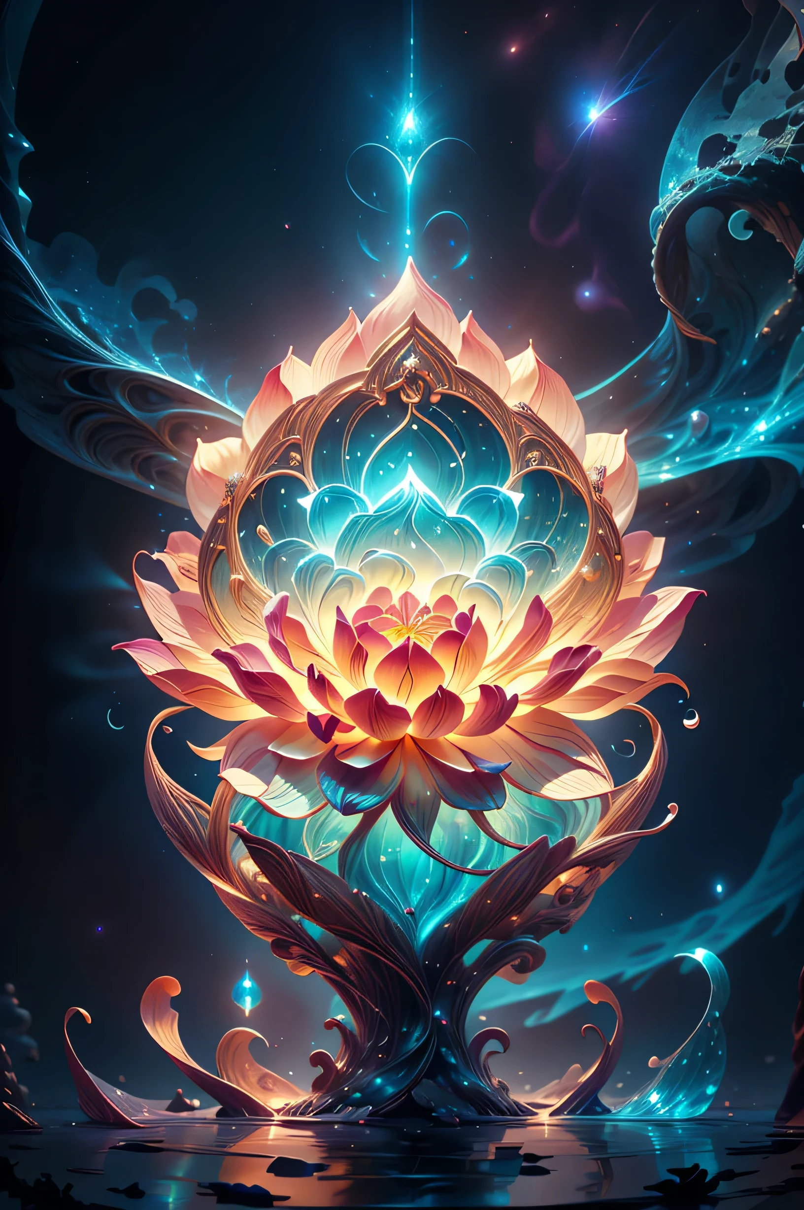 beautiful lotus flower blossoming forth from the depths of the universe, simple yet elegant design of a lotus flower, seed of life, sacred geometry, glimmering, stardust, Bioluminescence