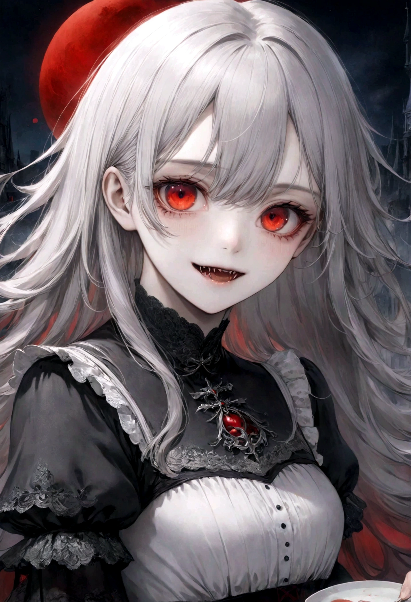 Masterpiece, Best Quality,(upper body shot, 1/2 portrait), night time with full moon,1 girl,fit, big red eyes,small breasts, stunning young vampiregirl with mindblowing face posing cool smiling and showing her sweet fangs wearing a blood red meager and form fittingshort victorian dress with puffed arms and some plate-armor on it. long silver hair, (Masterpiece), (Best Quality), (ultra detailed), (most absurd), (highres), (official art:1.4), (illustration:1.4), (clear image:1.2),(delicate illustration: 1.2), 8k ,(detailed face:1.3), (highlights in eyes:1.3), (detailed silver long hair:1.3), (detailed skin:1.3), , perfect drawing lines.