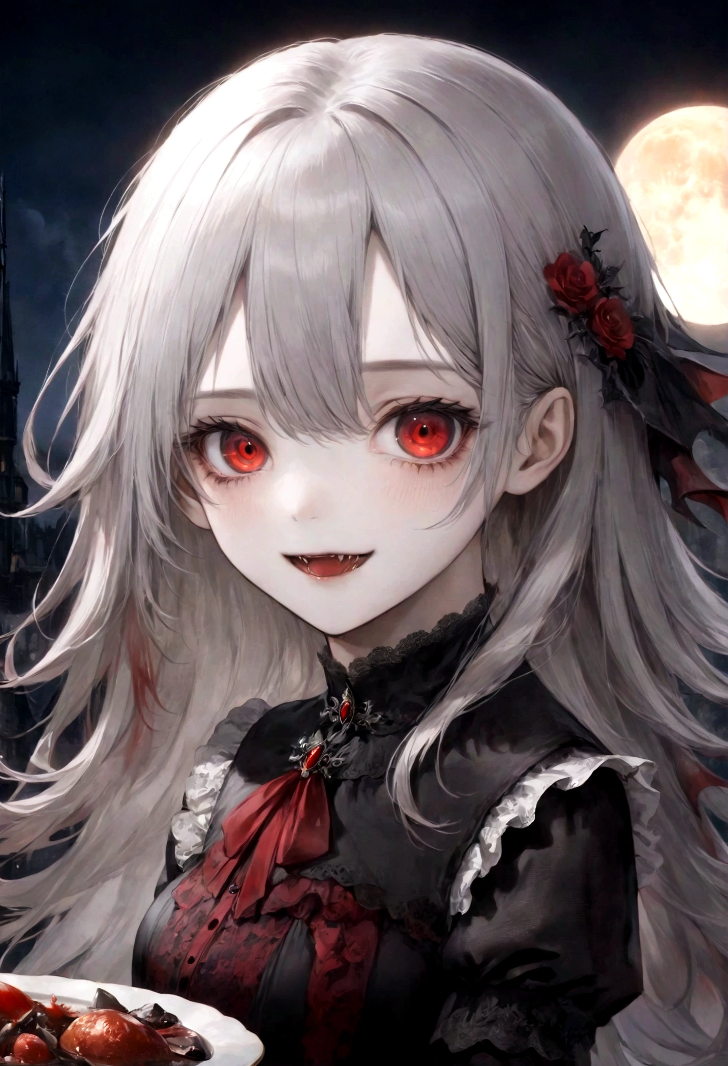 Masterpiece, Best Quality,(upper body shot, 1/2 portrait), night time with full moon,1 girl,fit, big red eyes,small breasts, stunning young vampiregirl with mindblowing face posing cool smiling and showing her sweet fangs wearing a blood red meager and form fittingshort victorian dress with puffed arms and some plate-armor on it. long silver hair, (Masterpiece), (Best Quality), (ultra detailed), (most absurd), (highres), (official art:1.4), (illustration:1.4), (clear image:1.2),(delicate illustration: 1.2), 8k ,(detailed face:1.3), (highlights in eyes:1.3), (detailed silver long hair:1.3), (detailed skin:1.3), , perfect drawing lines.
