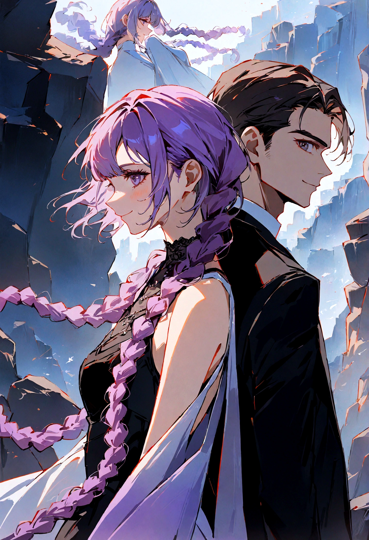 Two people, One girl and one guy, good looking, Girls Double Braids, White to purple gradient hair, smiling, Back to Back, Profile, side by side on a rocky cliff, Next Generation, Genesis Background, ƒ/1.9, 8k, UHD, highres, best quality, high details