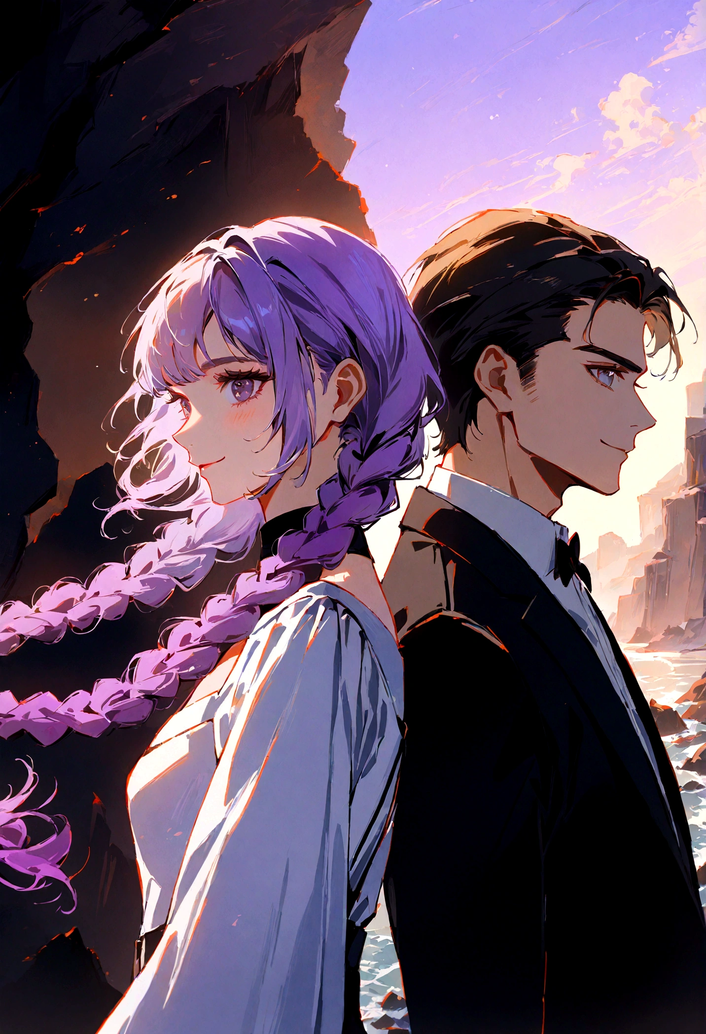 Two people, One girl and one guy, good looking, Girls Double Braids, White to purple gradient hair, smiling, Back to Back, Profile, side by side on a rocky cliff, Next Generation, Genesis Background, ƒ/1.9, 8k, UHD, highres, best quality, high details