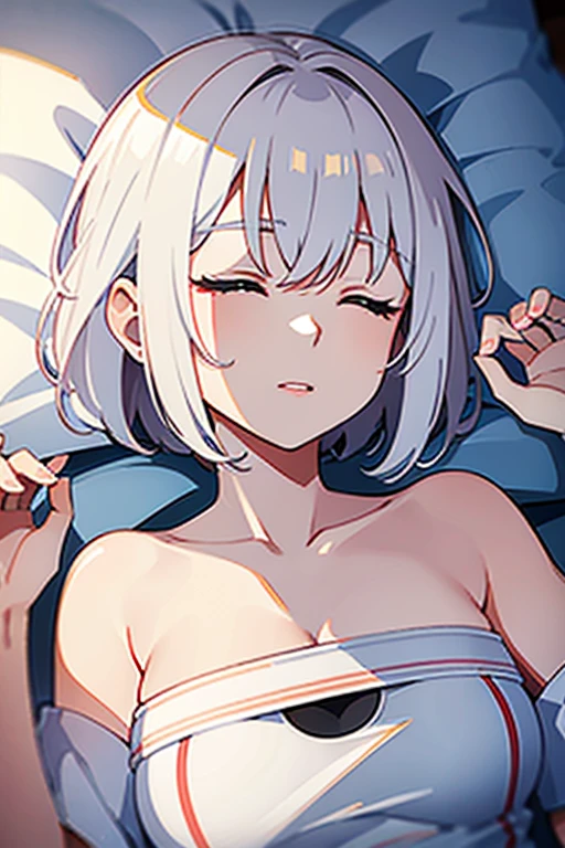 (white short hair)(red eye)(night)(asleep)(Close your eyes)4k