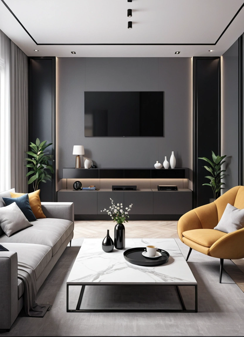 there is a living room with a couch, chair, coffee table and television, in style of 3d render, high quality 3 d render, high quality 3d render, apartment design, professional 3d render, stuning 3 d render, very realistic 3 d render, realistic cinema 4 d render, excellent 3d render, clean 3 d render, Realistic CGI rendering Modern design in black, white and gray