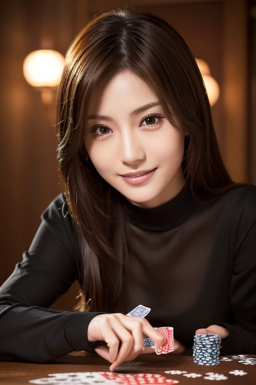 (((magician:1.5, playing cards:1.5, Black long sleeve 1.4, skirt:1.5, Card Magic:1.5))),Dynamic, cinematic photos,(Ultra Realistic, High resolution), (Highly detailed eyes, Highly detailed hair, highly Detailed face, Highly detailed plump lips,Perfect Anatomy),(highest quality:1.4), (Realistic, photo-Realistic:1.37), Professional photography, Cinematic Light, (Detailed face: 1.2), slim,(Beautiful leg lines ),(Famous Japanese actresses:1.2), RAW Photos, Highly detailed skin,very thin fingers, Highly detailed nose, Highly detailed mouth,Highly detailed background, Smile
