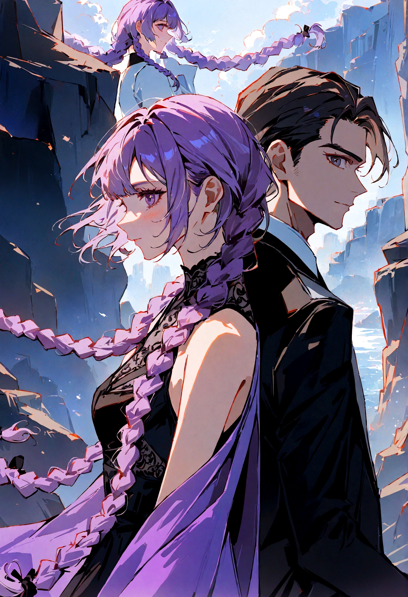Two people, One girl and one guy, good looking, Girls Double Braids, White to purple gradient hairsmiling, Back to Back, Profile, side by side on a rocky cliff, Next Generation, Genesis Background, ƒ/1.9, 8k, UHD, highres, best quality, high details