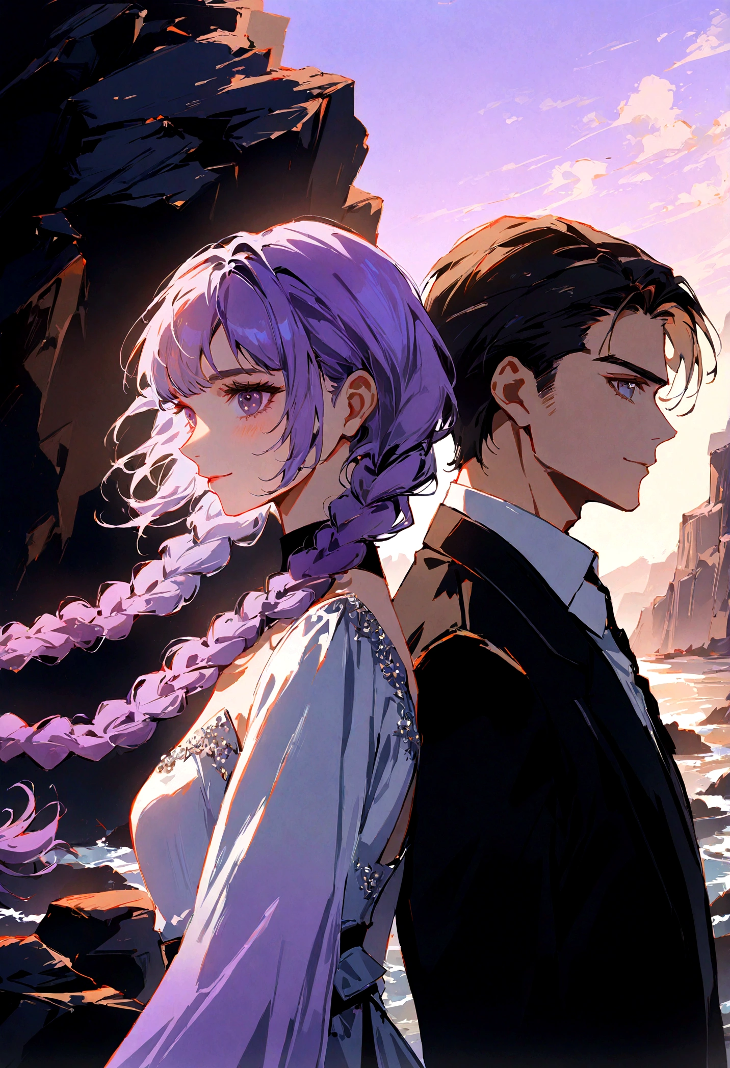 Two people, One girl and one guy, good looking, Girls Double Braids, White to purple gradient hairsmiling, Back to Back, Profile, side by side on a rocky cliff, Next Generation, Genesis Background, ƒ/1.9, 8k, UHD, highres, best quality, high details