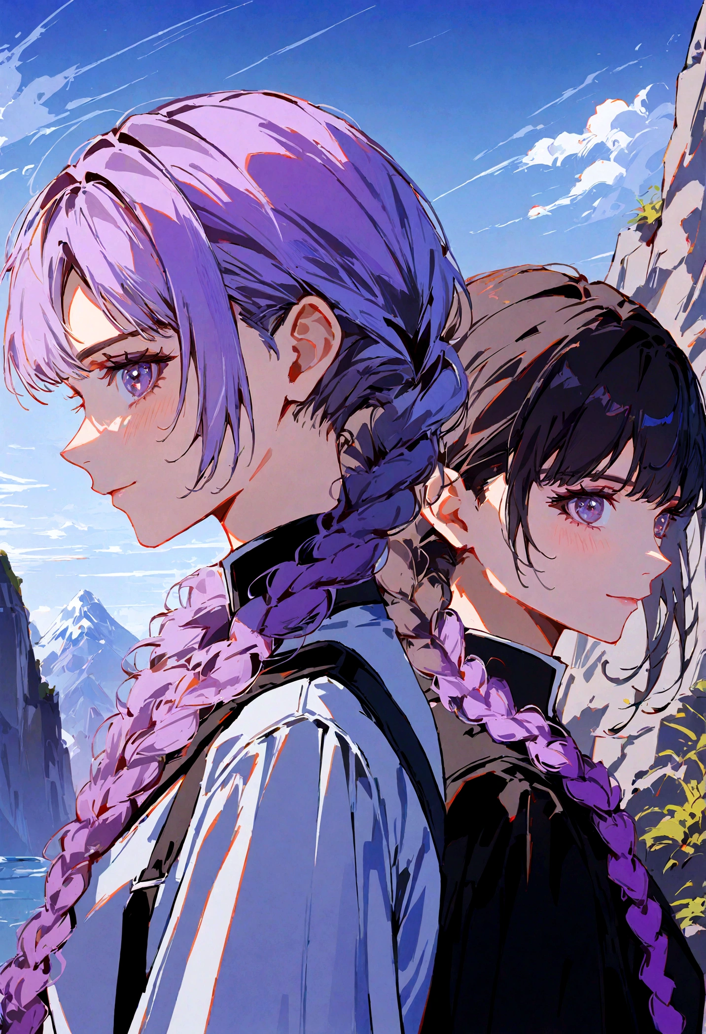 Two people, One girl and one guy, good looking, Girls Double Braids, White to purple gradient hairsmiling, Back to Back, Profile, side by side on a rocky cliff, Next Generation, Genesis Background, ƒ/1.9, 8k, UHD, highres, best quality, high details