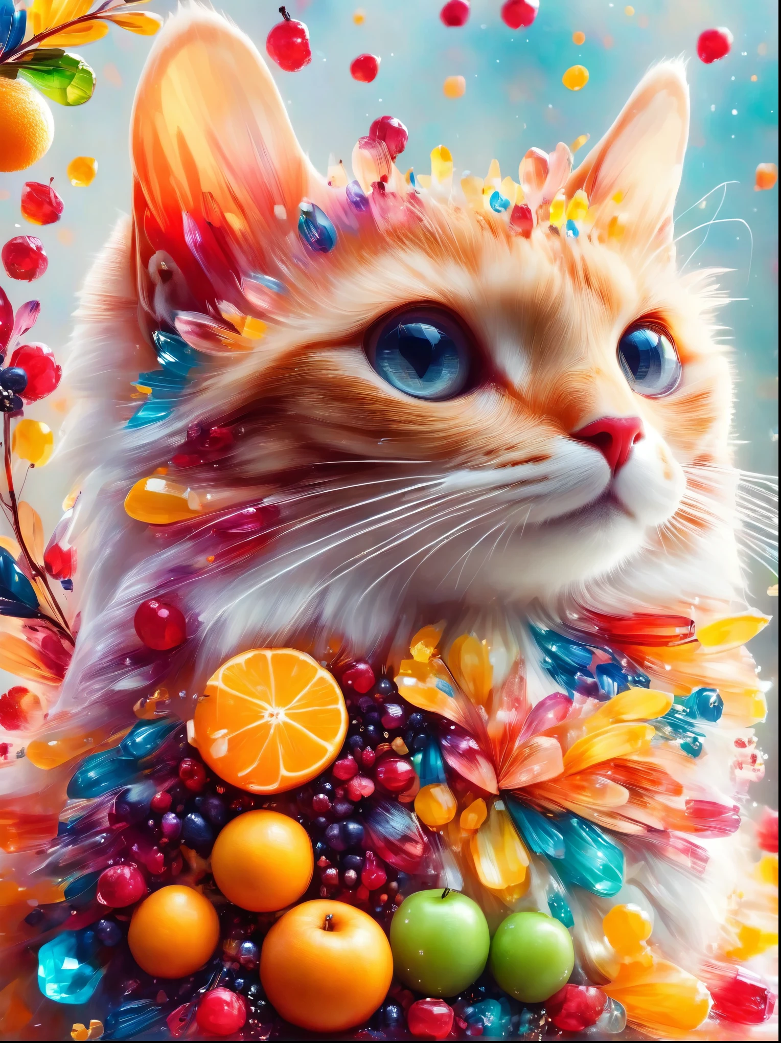 Creative and stylish cat，Inspired by fruit，Material: Colored Acrylic，realism，Ultra Clear Photography，HD Wallpapers，Low Depth of Field Photography，Background bokeh effect