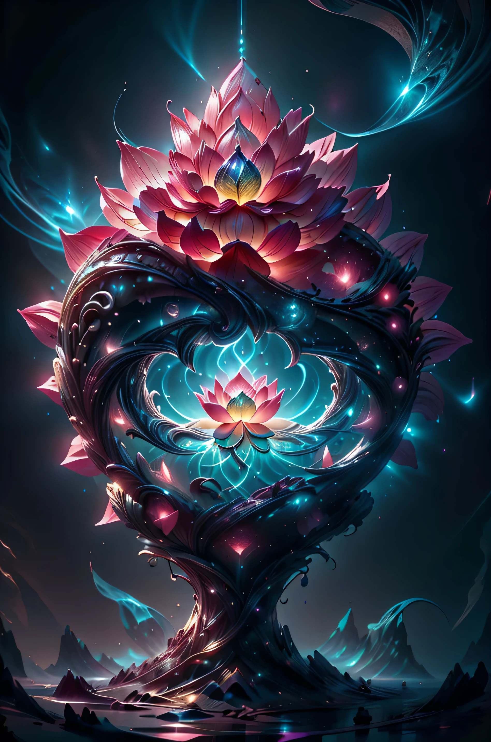 beautiful lotus flower blossoming forth from the depths of the universe, simple yet elegant design of a lotus flower, seed of life, sacred geometry, glimmering, stardust, Bioluminescence, GlowingRunes_pink