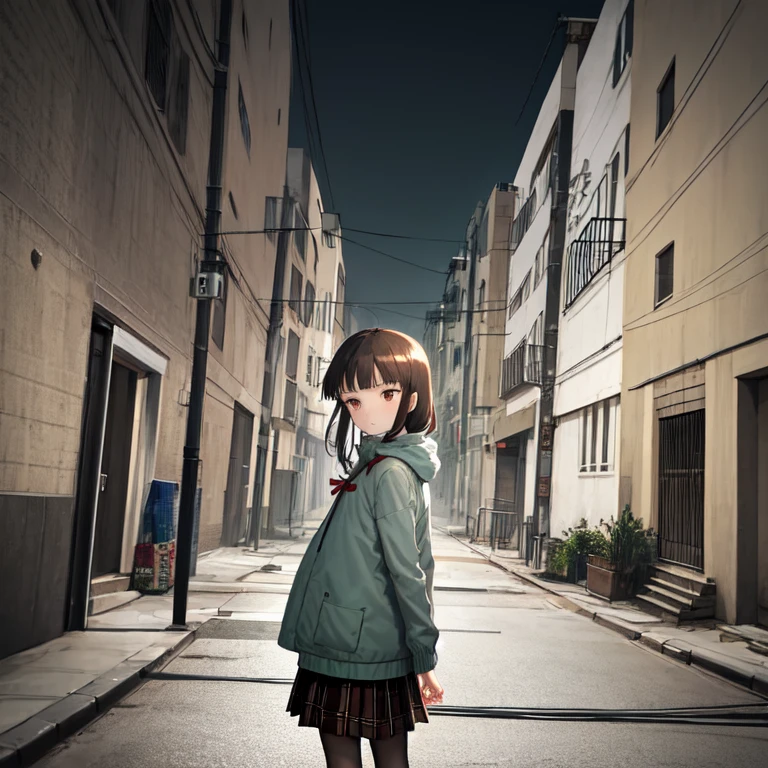 amazing intricate, brown eyes, expressionless, looks small, iwakura lain, 
(schlain:1.2), grey jacket, plaid skirt, green skirt, (cold color, desaturate:1.2), from behind, looking back, 
city, building, Electrical wire, 
