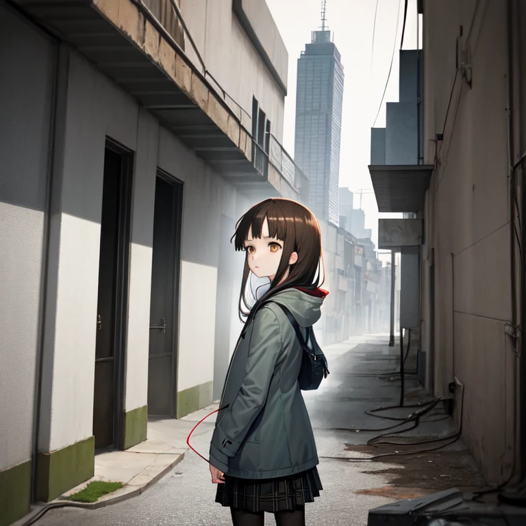 amazing intricate, brown eyes, expressionless, looks small, iwakura lain, 
(schlain:1.2), grey jacket, plaid skirt, green skirt, (cold color, desaturate:1.2), from behind, looking back, 
city, building, Electrical wire, 