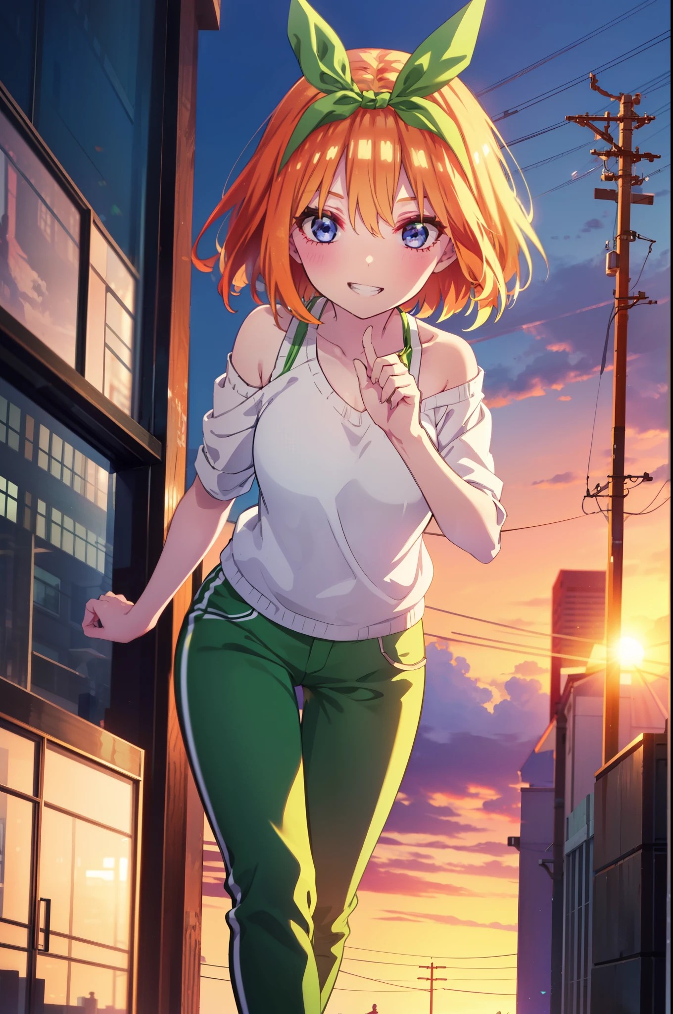 yotsubanakano, yotsuba nakano, bangs, short hair, blue eyes, Hair between the eyes, hair ribbon, hair band, Orange Hair, (Green ribbon:1.5), smile, Grin,Cold shoulder tops,skinny pants,Stiletto heels,Walking Sunset,evening,The sun is setting,whole bodyがイラストに入るように,
break indoors, In town,Building district,
break looking at viewer, whole body,
break (masterpiece:1.2), highest quality, High resolution, unity 8k wallpaper, (figure:0.8), (Beautiful fine details:1.6), Highly detailed face, Perfect lighting, Highly detailed CG, (Perfect hands, Perfect Anatomy),