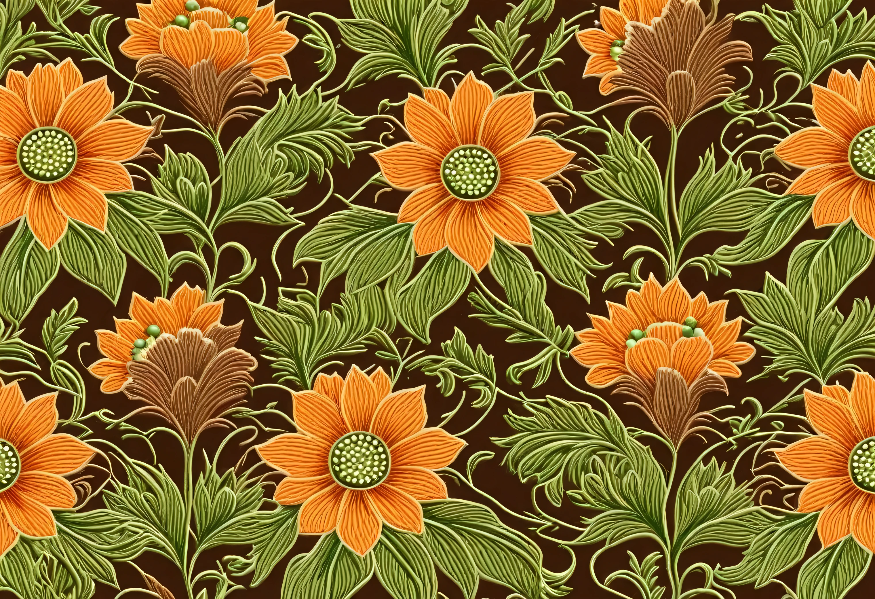 Seamless pattern with decorative flowers in retro, vintage style. Jacobin embroidery Colored vector illustration in light orange and green on a brown background. High resolution 8k