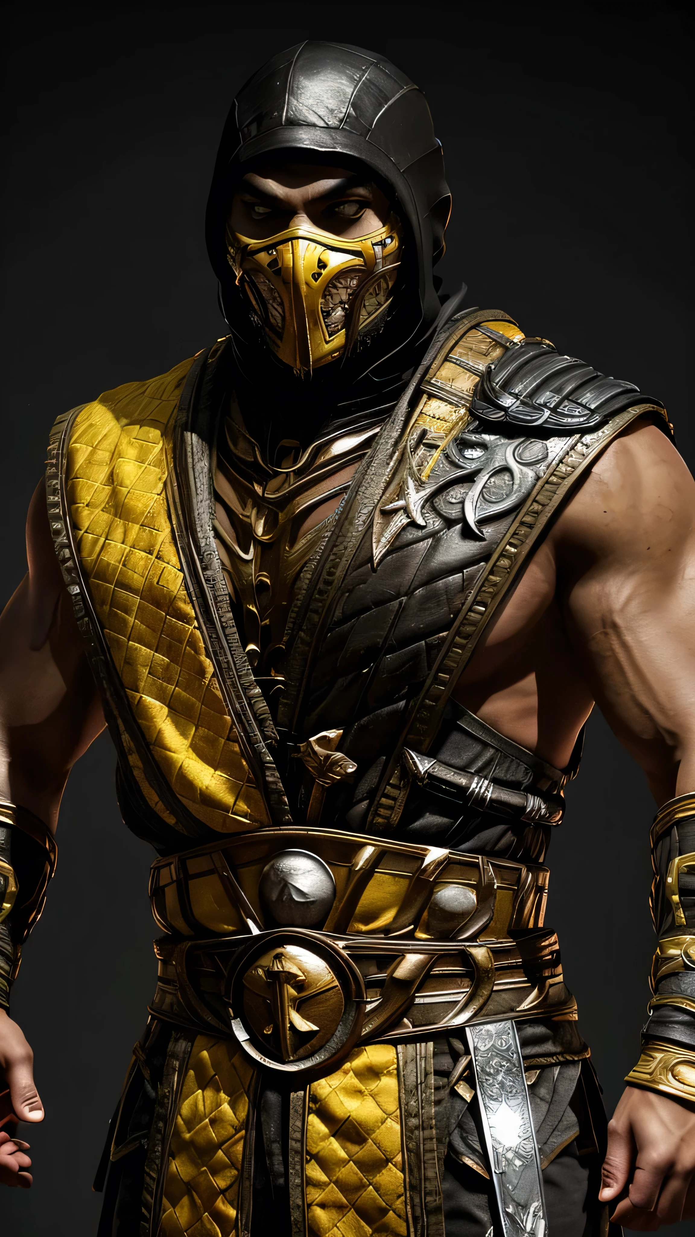 ((Jason Momoa)) as Scorpion from Mortal Kombat, yellow and black ninja outfit, skull-like mask, kunai on a chain, (1man), (solo), (full body view), beautiful detailed glow, detailed, cinematic light, intricate detail, realistic, highres, detailed facial features, high detail, sharp focus, smooth, aesthetic, extremely detailed, stamp, octane render