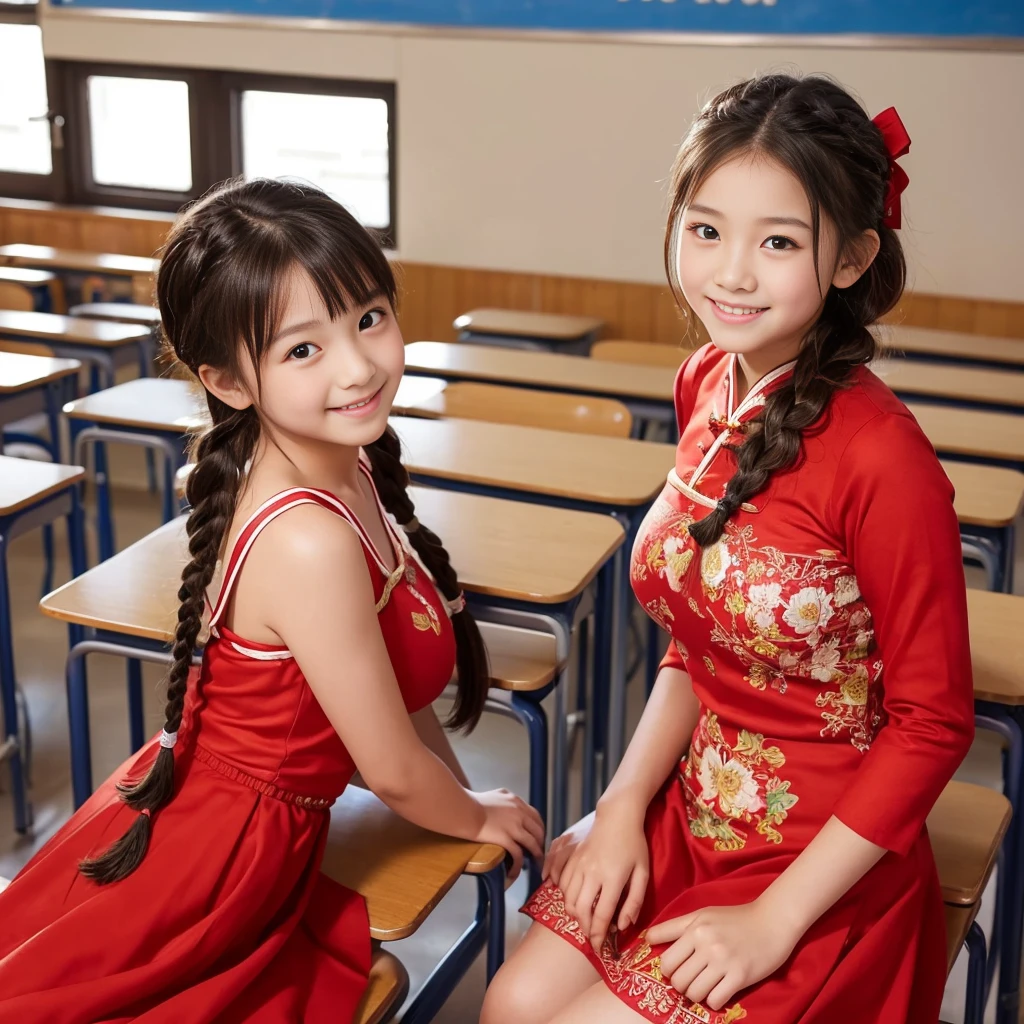 (Two elementary school students)、Young face、(Looking at me with a smile)、Female in her early s、(Big Breasts)、classroom、Angle from below、(Nobody background)、(whole body)、Braid、Temptation Pose、(Cowboy Shot)、Red Chinese Dress