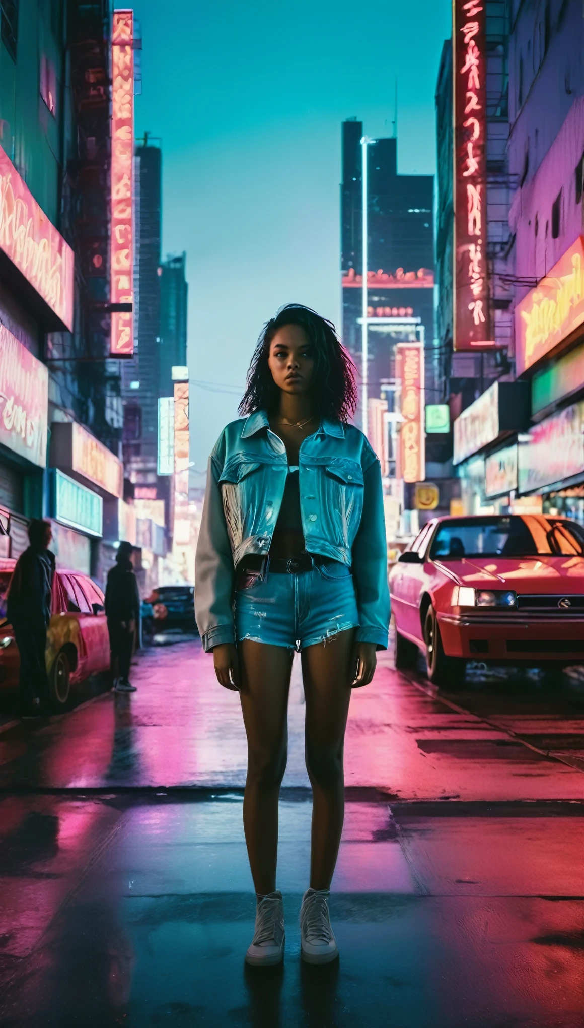 Night-time street photography of a rebellious girl, her figure silhouetted against the neon lights of a cityscape, her posture defiant and unyielding. A wide-angle shot under ambient city lighting, photographed by Martin Parr, reflecting the vibrant chaos of urban life. The image, with its radiant colors and sharp details, evokes a sense of youthful rebellion and independence