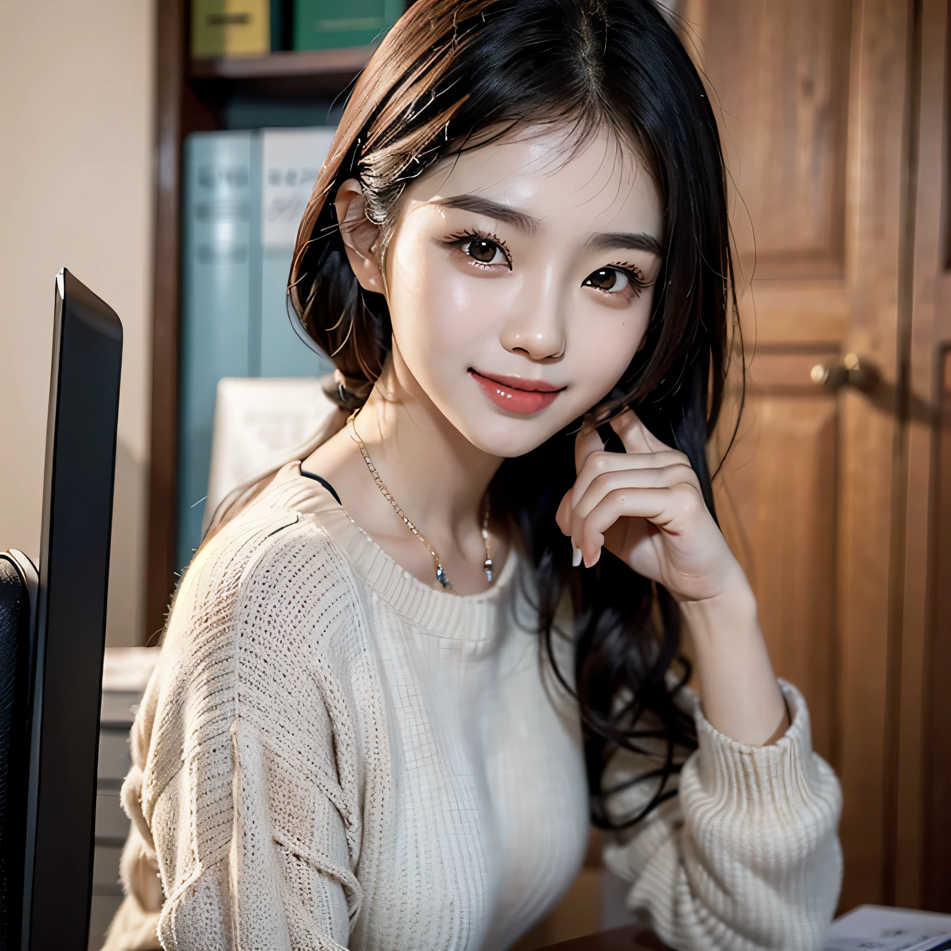 realism, Beautiful young Korean woman, Young Asian Woman, Young and adorable Korean face, Lee Ji-eun, South Korean actress, smile Dark office