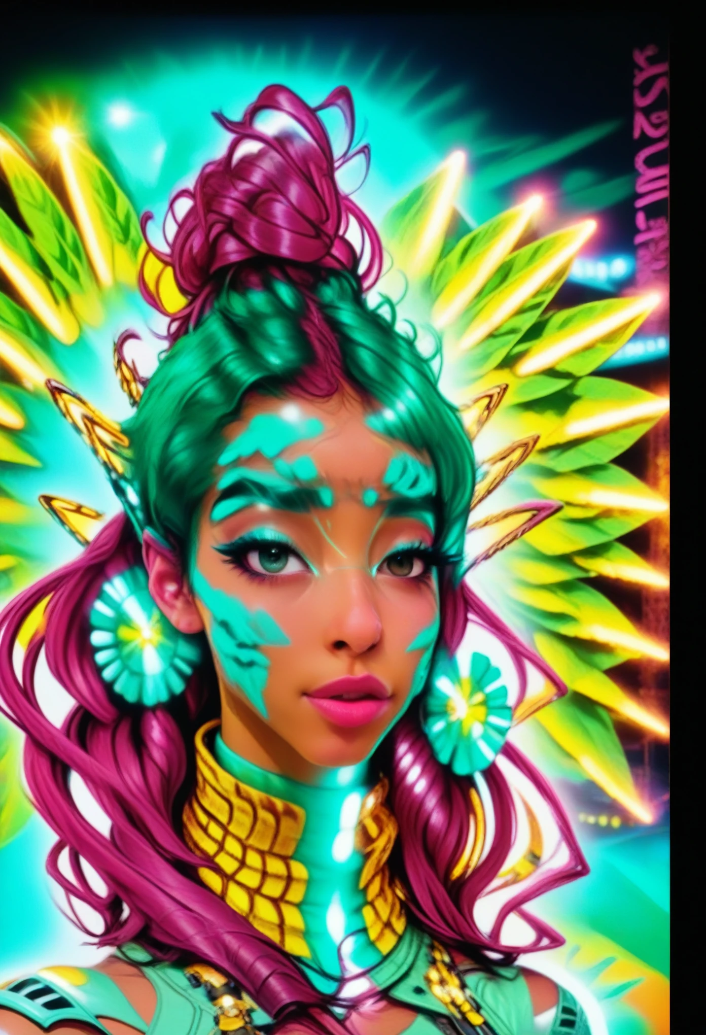 she is in a disco with colored lights reflecting onto her skin, cute girl, sark skinned Ethiopian with button nose, age 23, young. lights on her skin cute african woman with a button nose, age 23, young, with natural hair flow, feathered 1970s hair style, and layered hair. hair, maybe ponytails. beautiful, 1980s hip hop clothing,. maroon leather jacket with many silver zippers. zippers are angled. and shinny. bling bling. sparkling zippers. , 1970s hip hop . she is looking to the Side. not facing camera 2077_Style, glowing earrings. futuristic tech glasses, MR glasses. on nerdy girl, mecha, gundam. beautiful. she is shown from the waist up. Sh is looking aways from the camera. city in the background. she is wearing an Adidas cream turtle neck, with aqua blue, turquoise. three stripes. adidas. posed from the waist up. looking aways from the viewer. Aztec is ancient with a future tech twist.