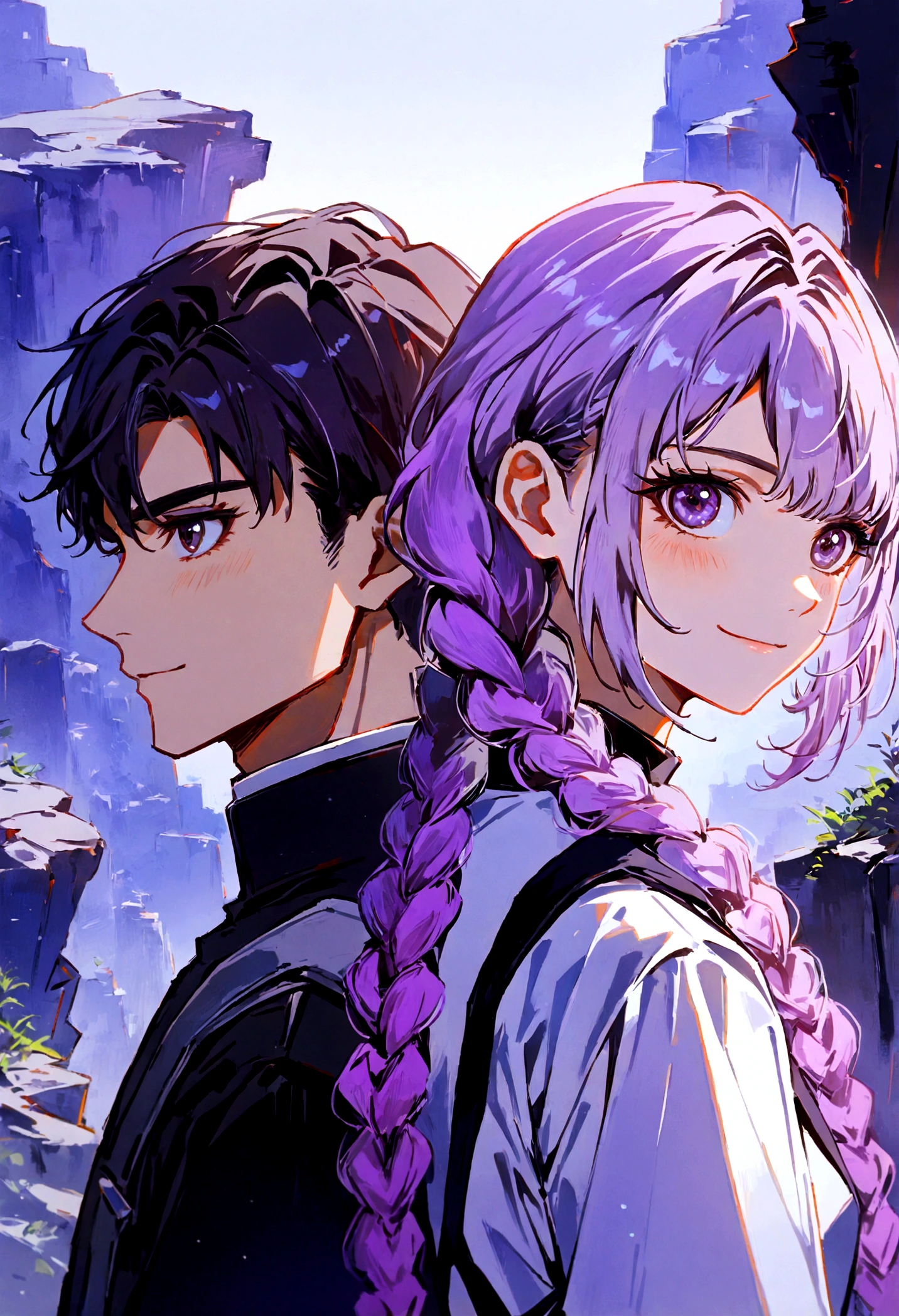 Two people, One girl and one guy, good looking, Girls Double Braids, (((White to purple gradient hair))), smiling, Back to Back, Profile, side by side on a rocky cliff, Next Generation, Genesis Background, ƒ/1.9, 8k, UHD, highres, best quality, high details